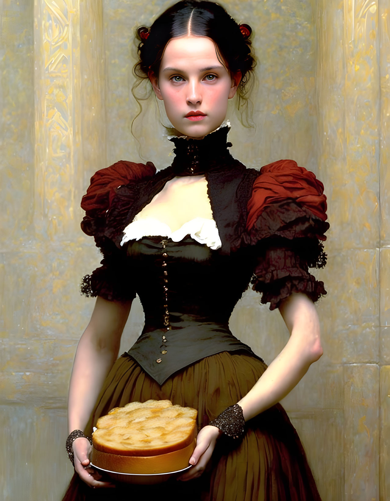 Victorian woman with pie and intense gaze in black lace gloves