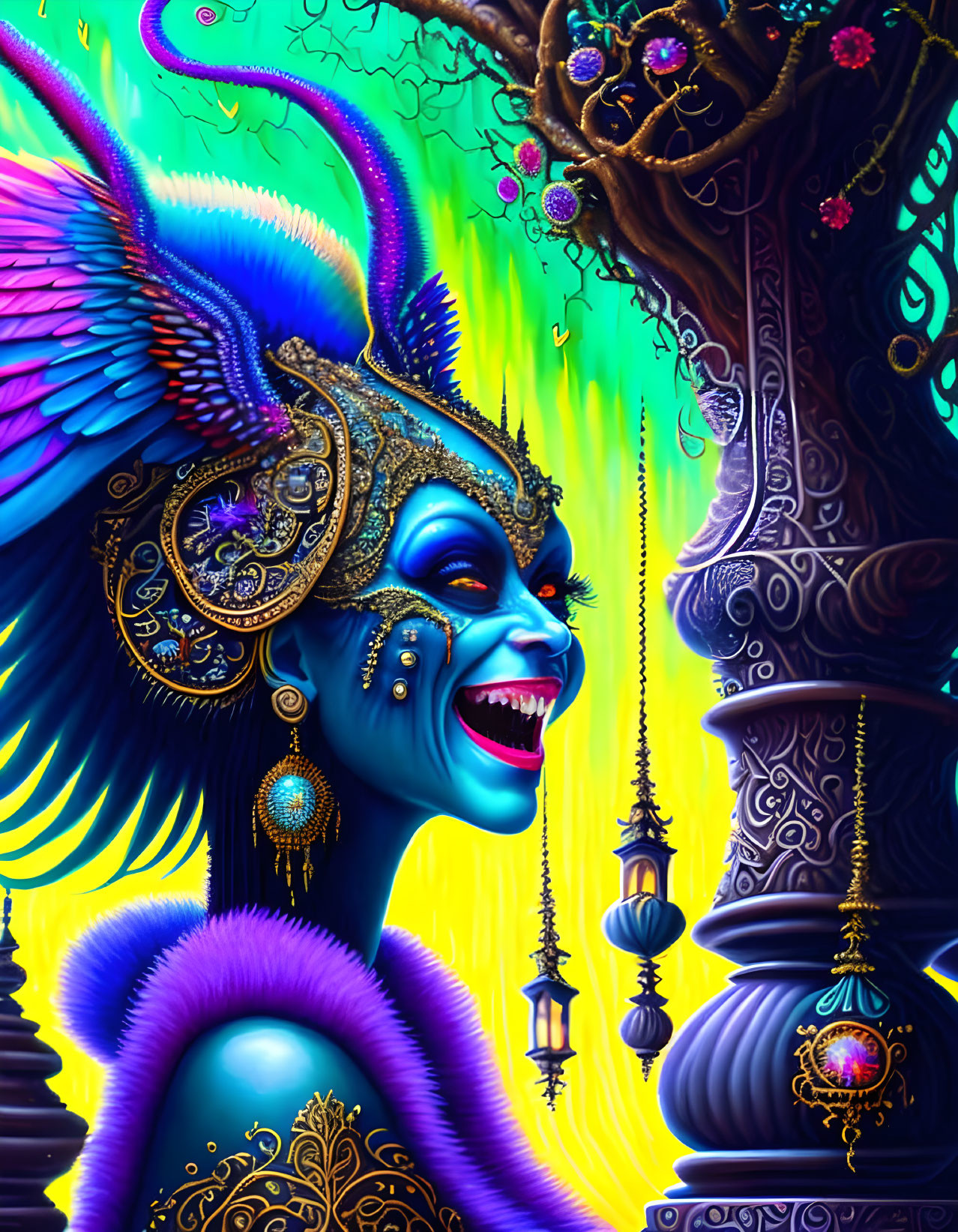 Colorful fantasy artwork of a smiling woman with blue skin and golden headdress