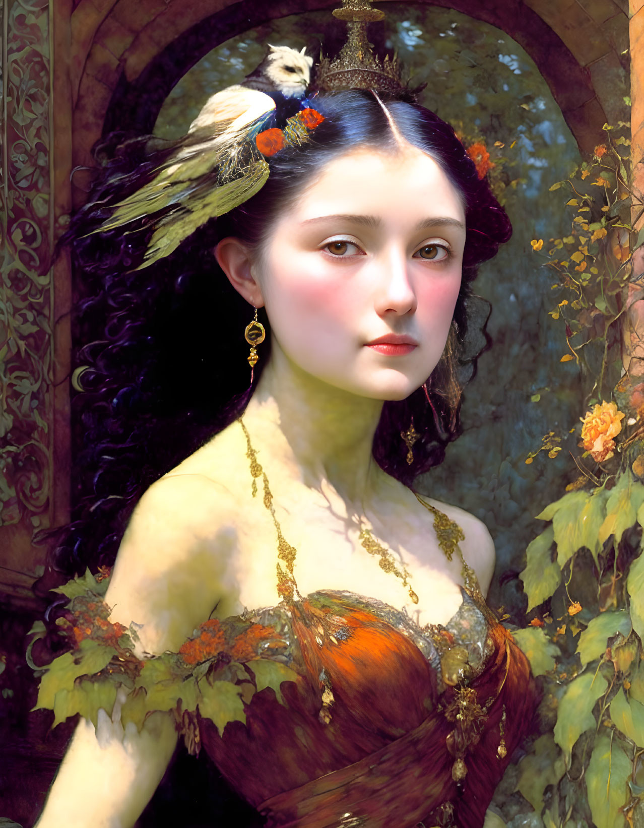 Portrait of woman with pale skin, red lips, large eyes, gold and orange dress with leaf accents