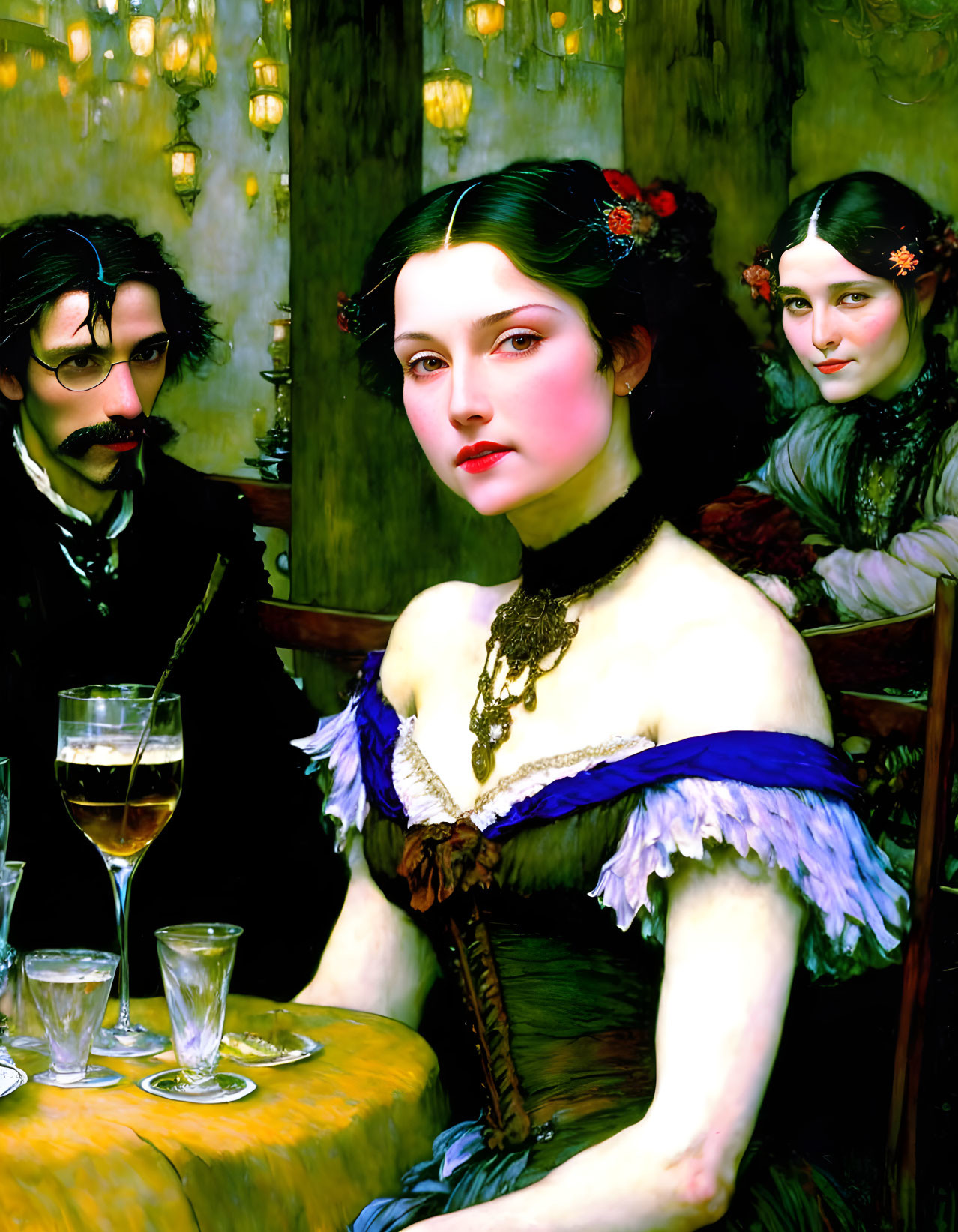 Victorian-themed artwork with man and two women at a table, one woman in blue attire.