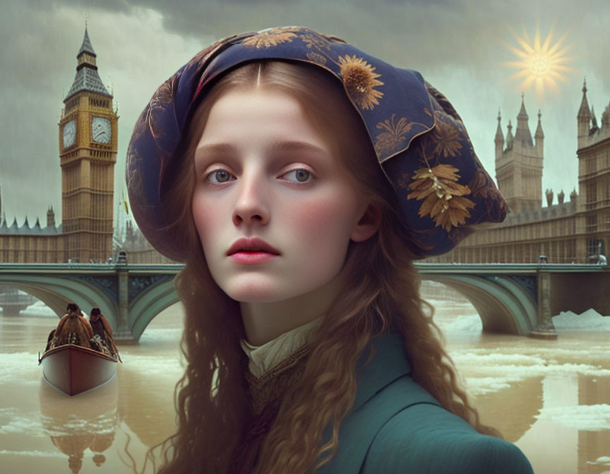 Young Woman in Vintage Attire with London Background