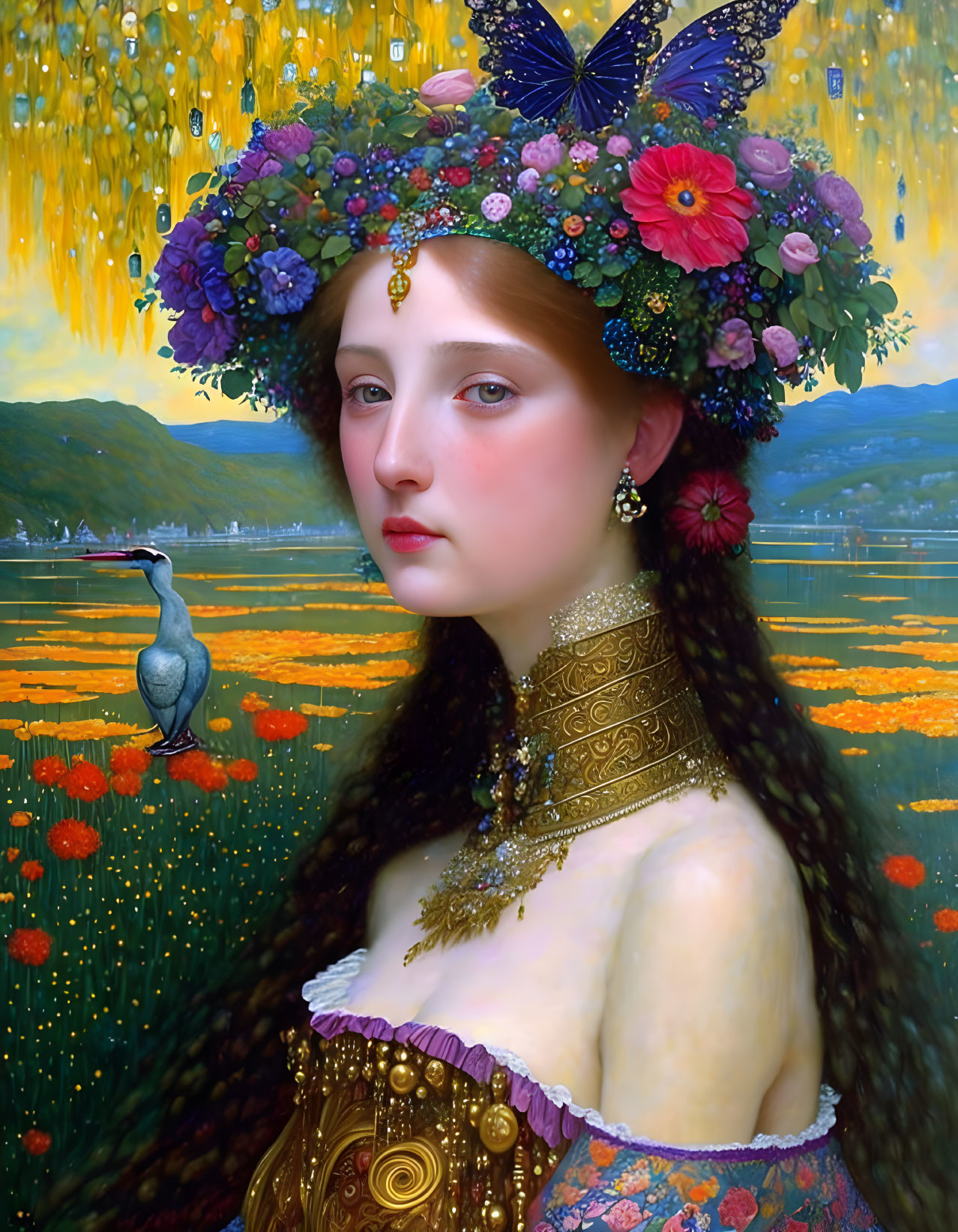 Woman portrait with floral crown, ornate dress, heron, and flower field