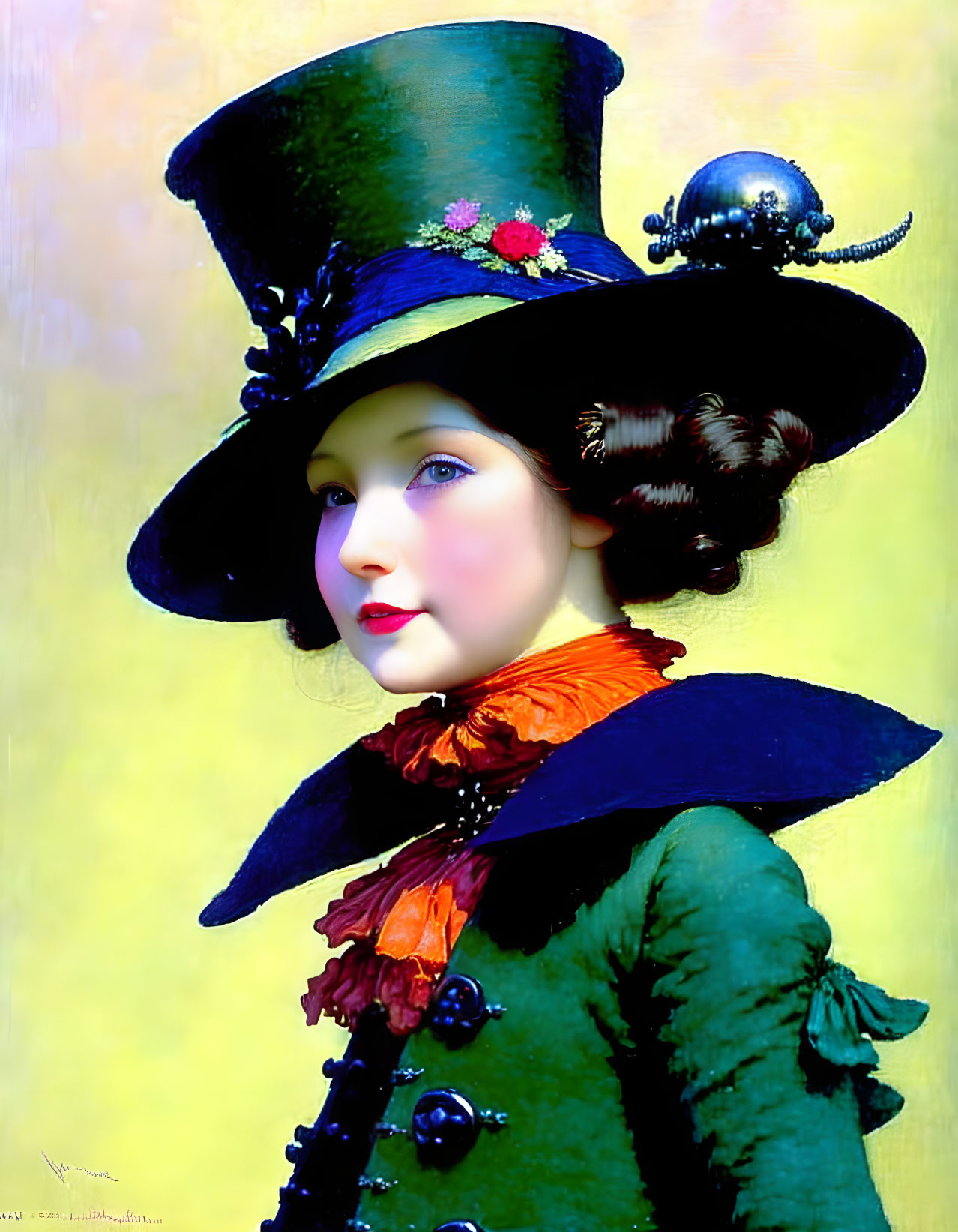 Vintage portrait of woman in large brimmed hat and green ruffled jacket