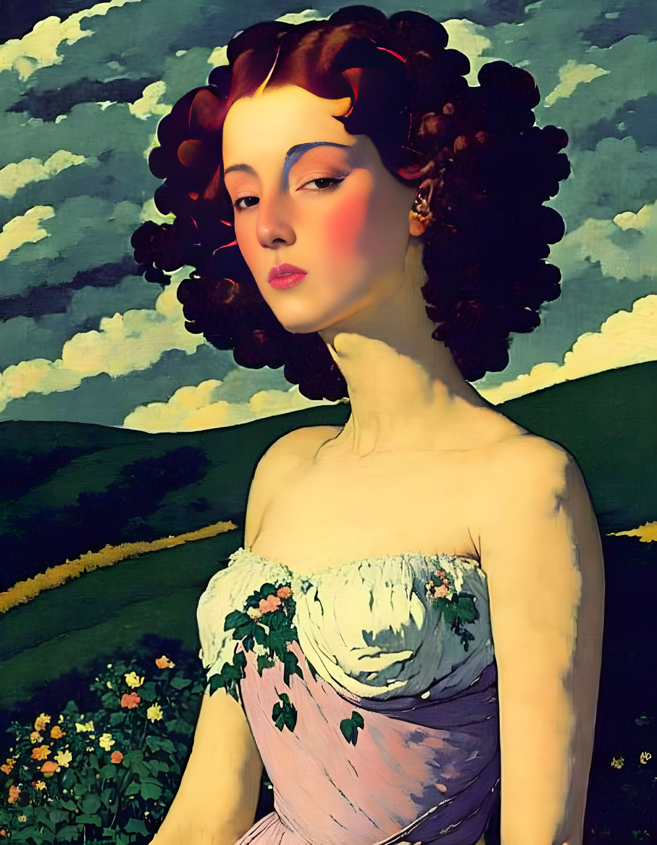 Digital Artwork: Classic Portrait of Woman with Curly Hair and Rural Landscape Background