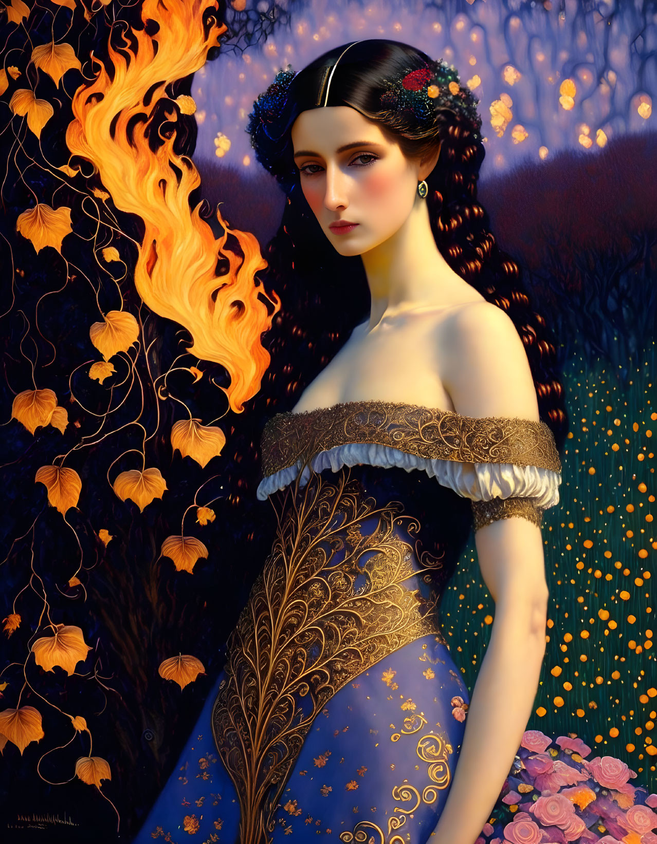 Detailed Illustration of Woman in Blue and Gold Gown with Black Hair