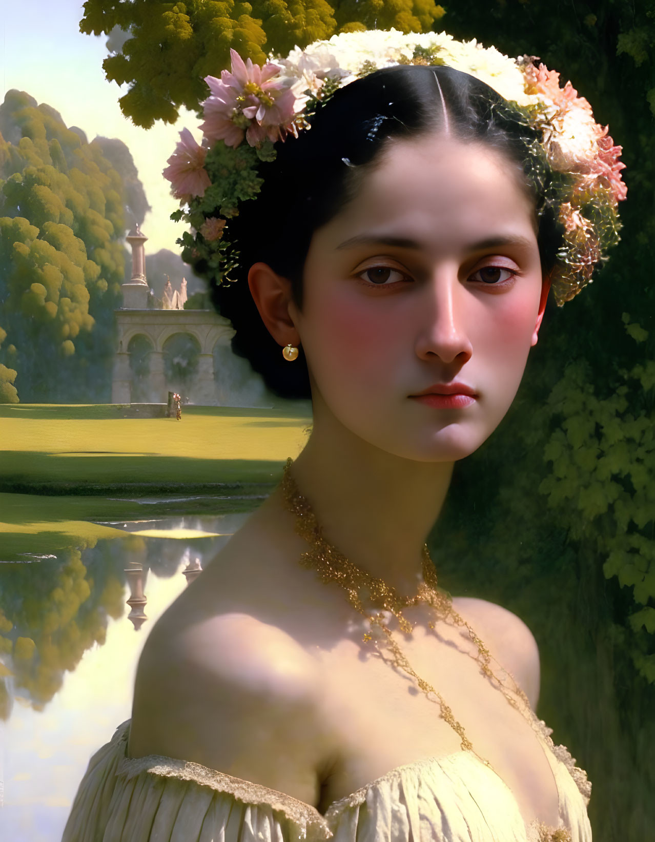 Portrait of woman with floral wreath, gold necklace, serene background with water and architecture.