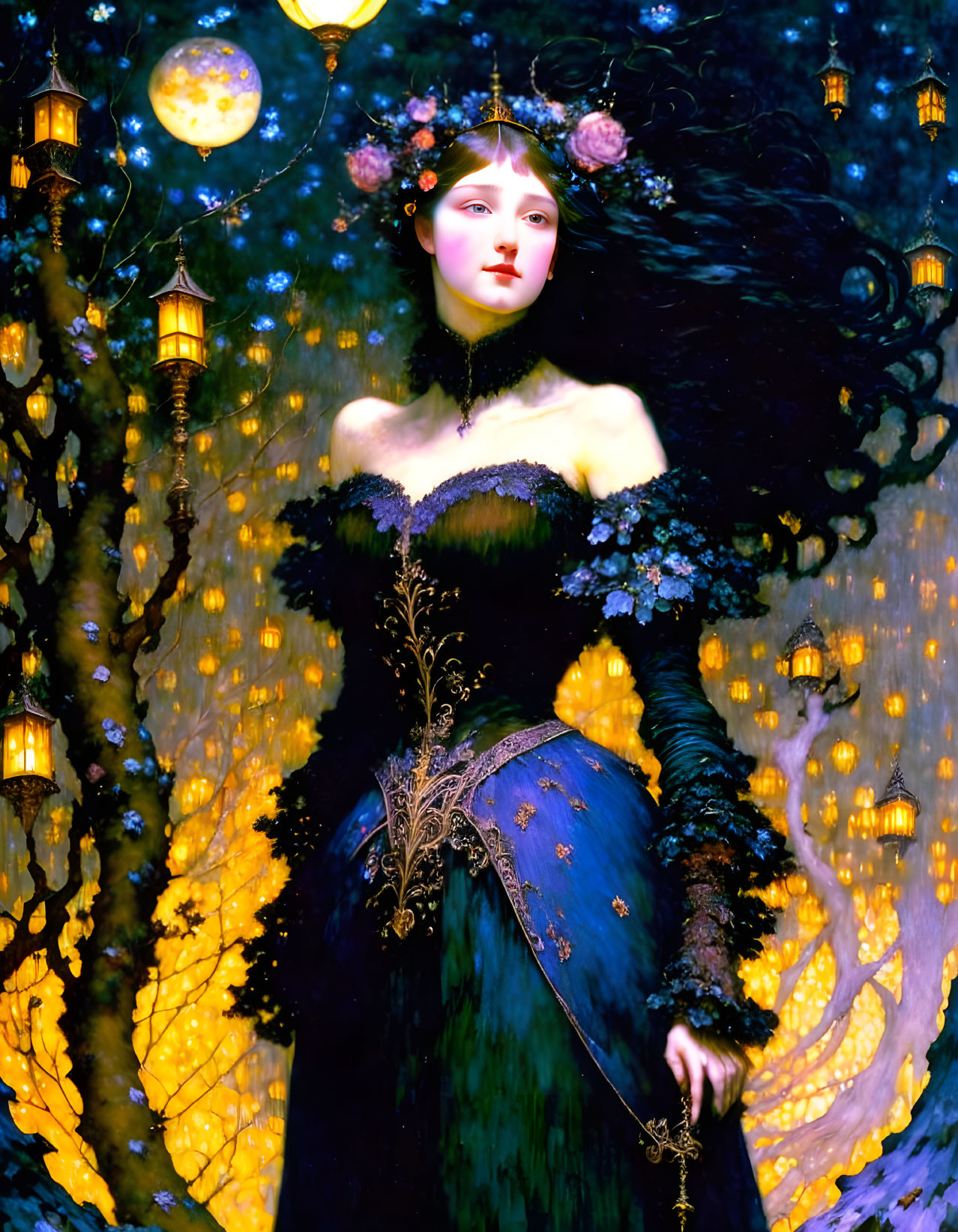 Ethereal woman in dark gown in luminous forest with hanging lanterns