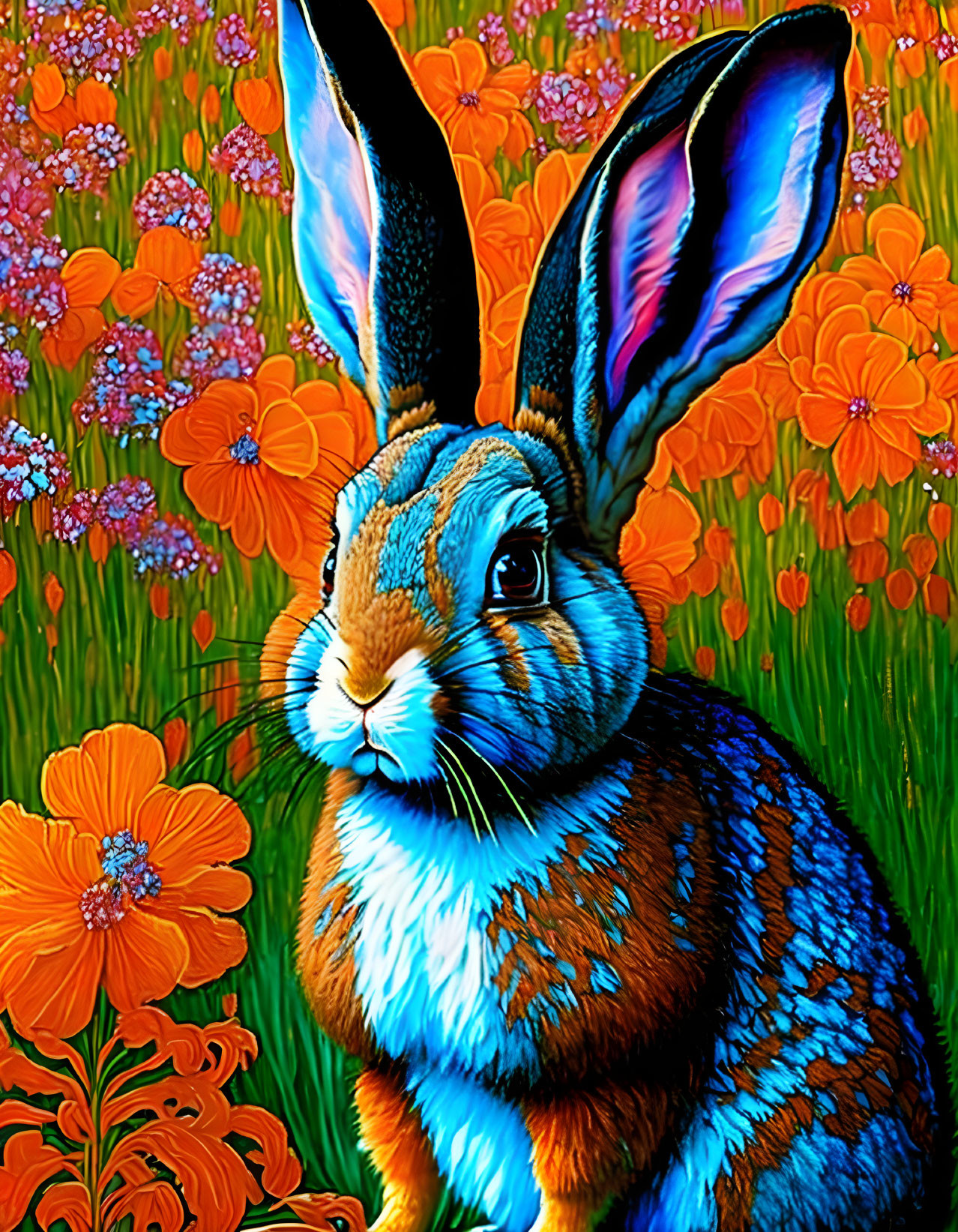 Colorful Rabbit with Large Ears in Orange Flower Field