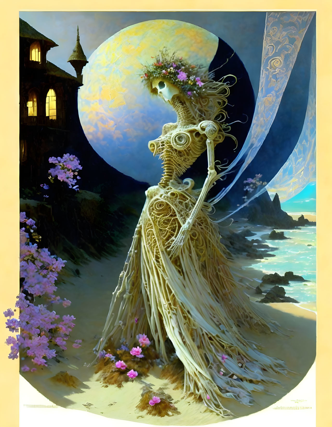 Skeletal figure with flowers by the sea and crescent moon castle