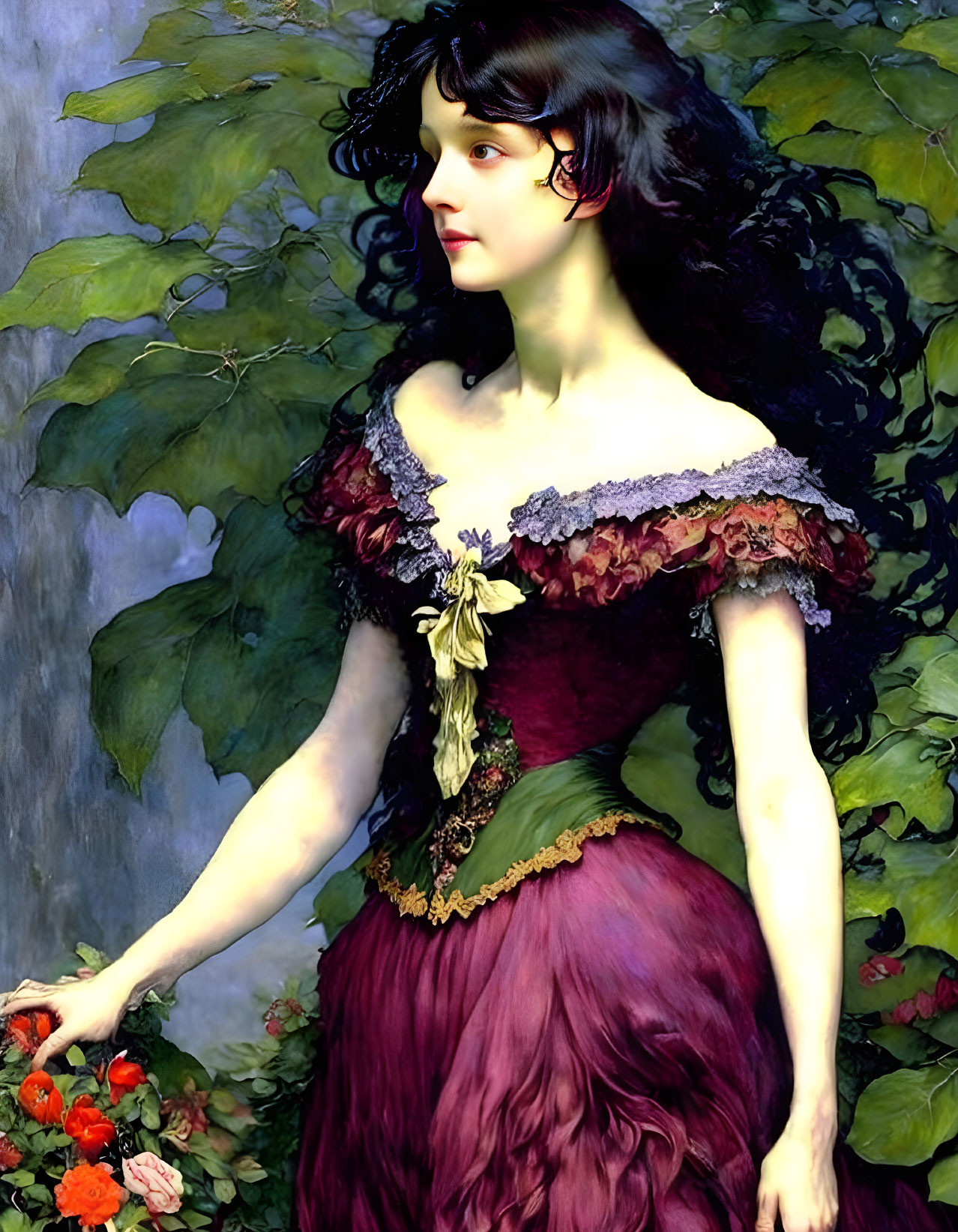 Victorian-era painting of woman in burgundy dress by red flower bush