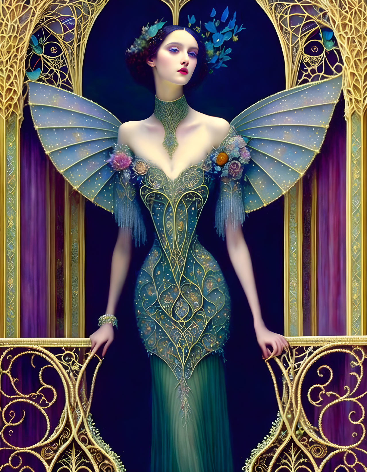 Illustration of woman with butterfly wings in Art Nouveau dress on purple backdrop