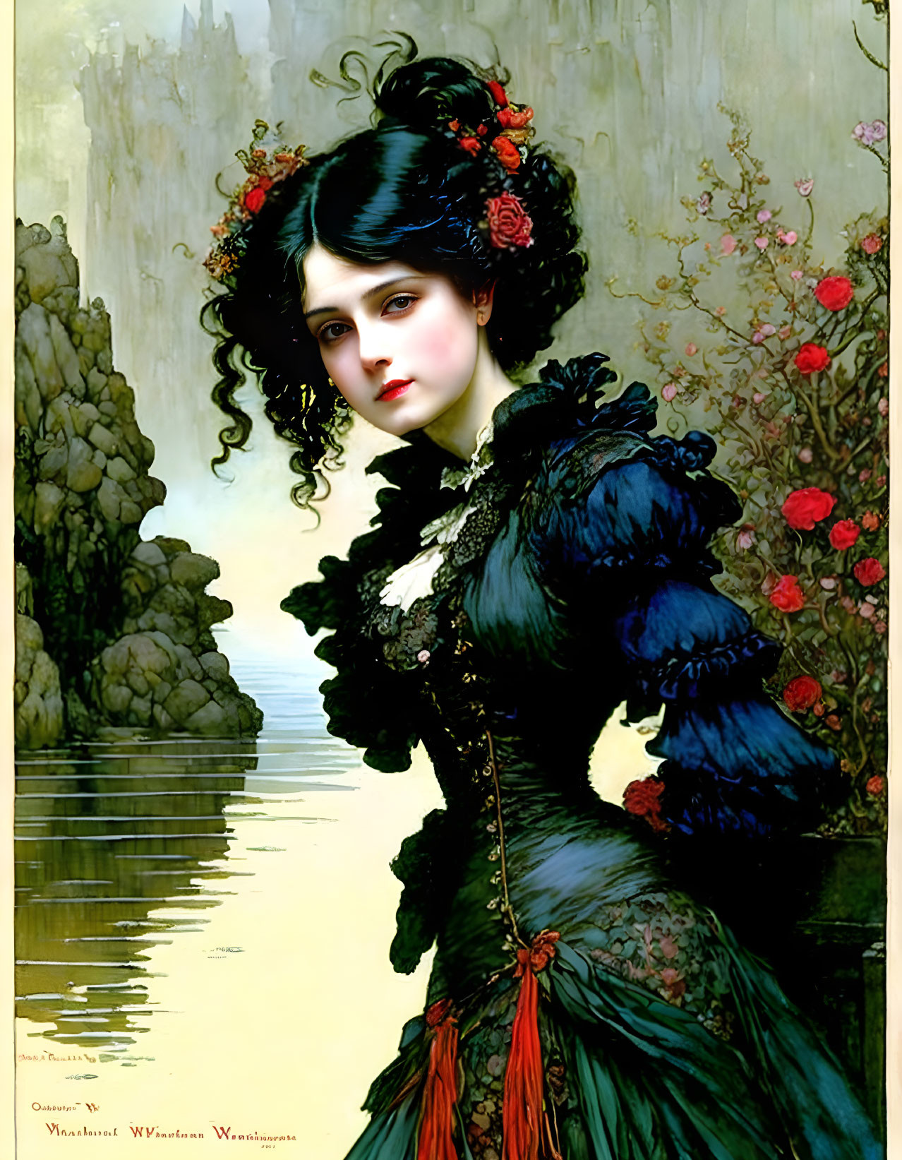 Victorian-style woman in black dress by calm river with roses