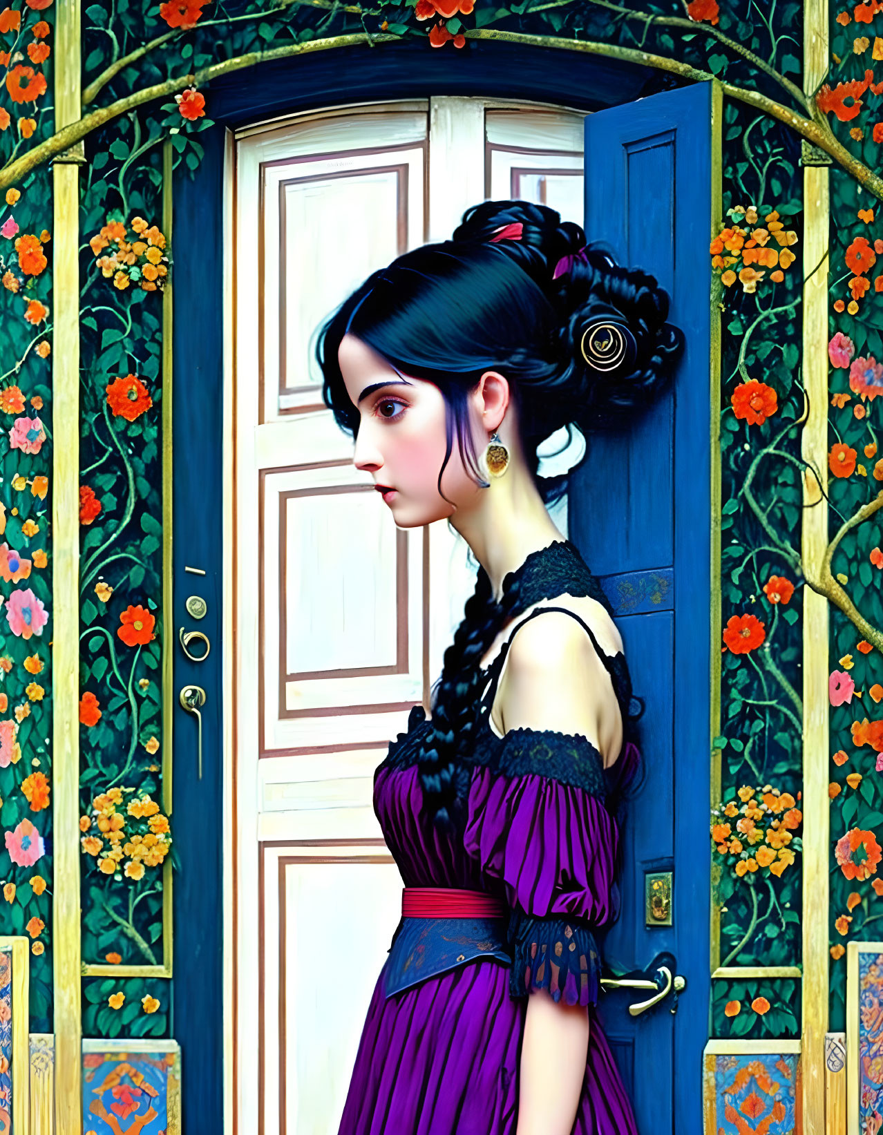 Digital artwork: Woman in purple dress by blue door with flowers