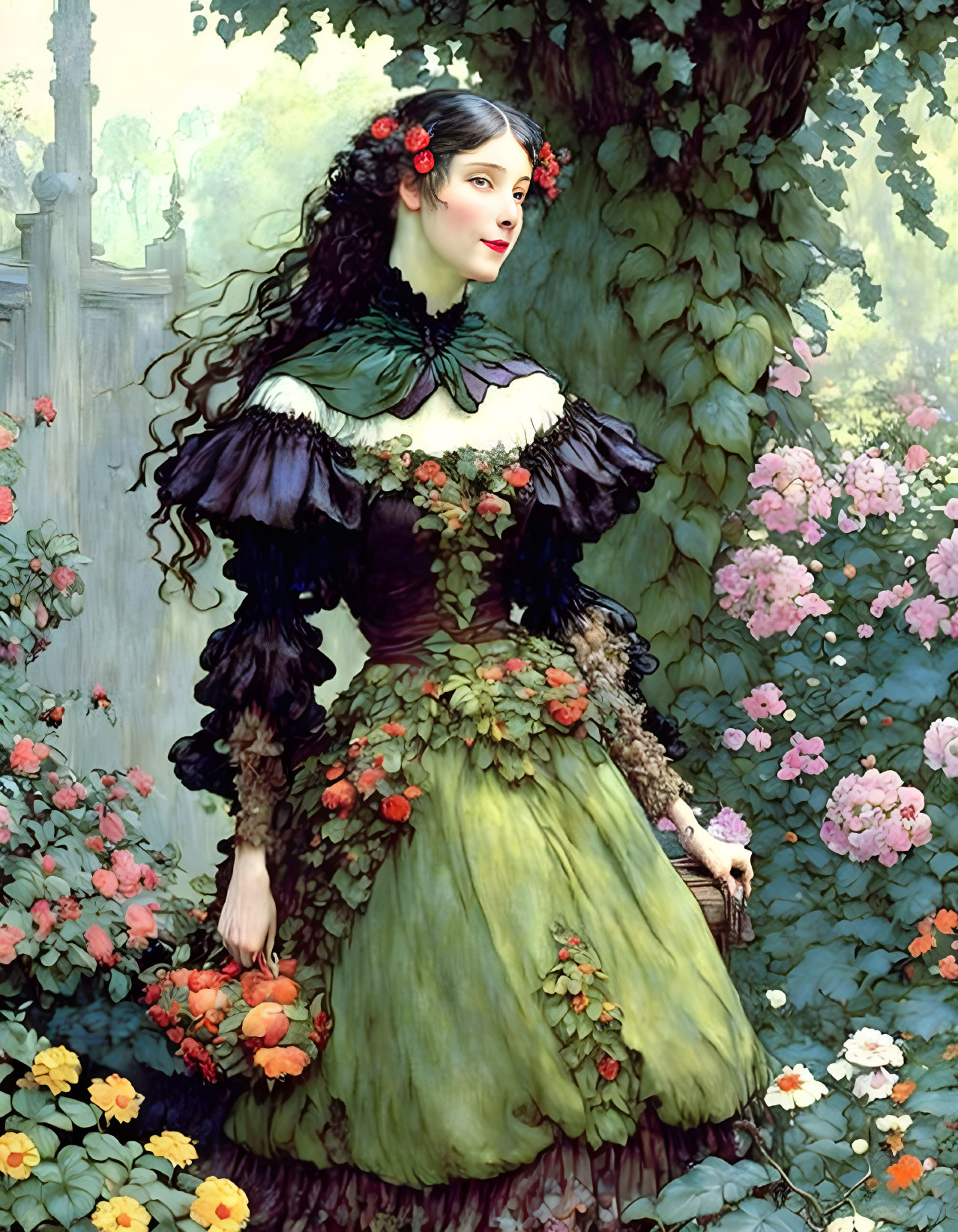 Victorian-era woman in green floral dress in lush garden