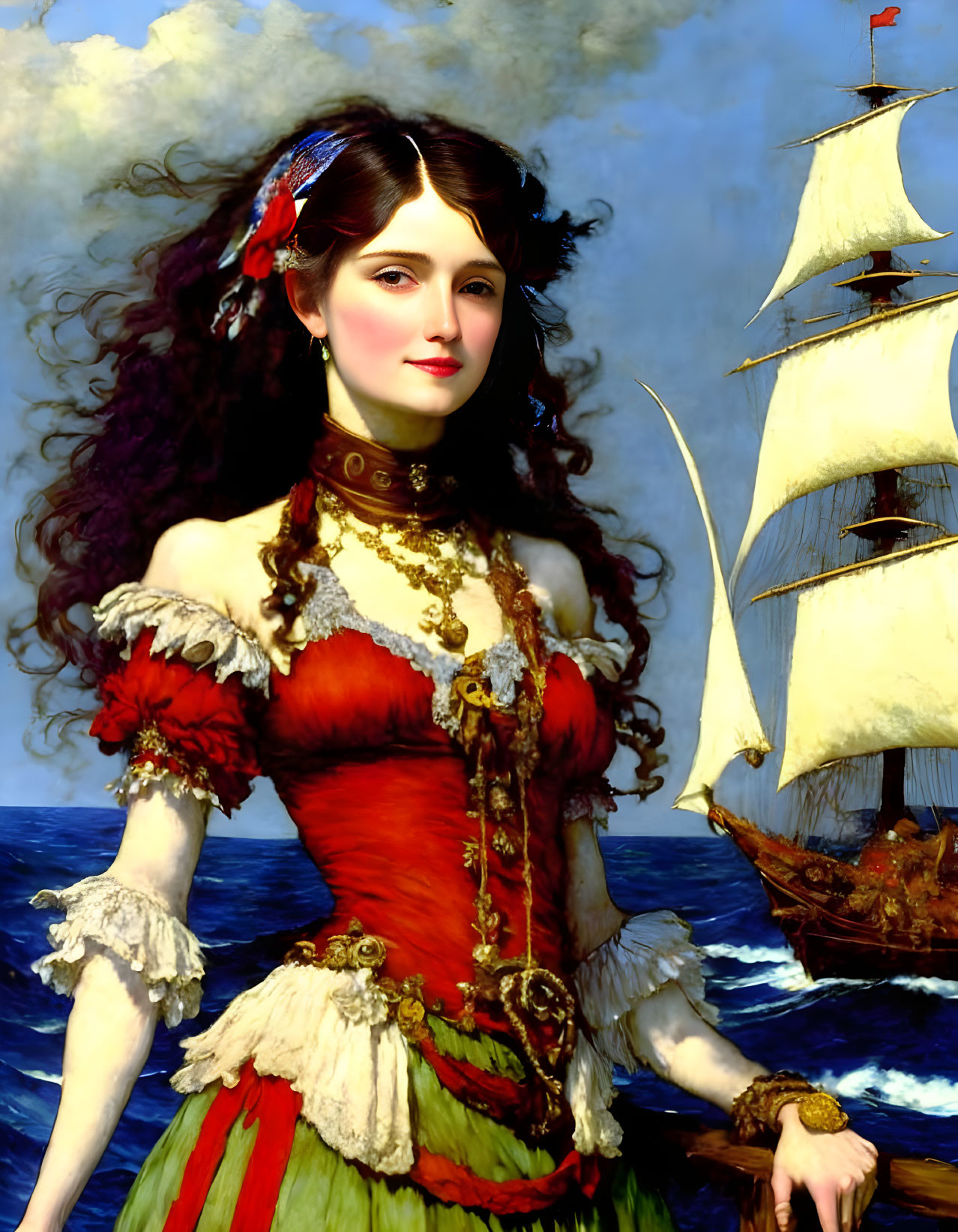 Portrait of woman in red dress with gold jewelry against blue sky and sailing ship