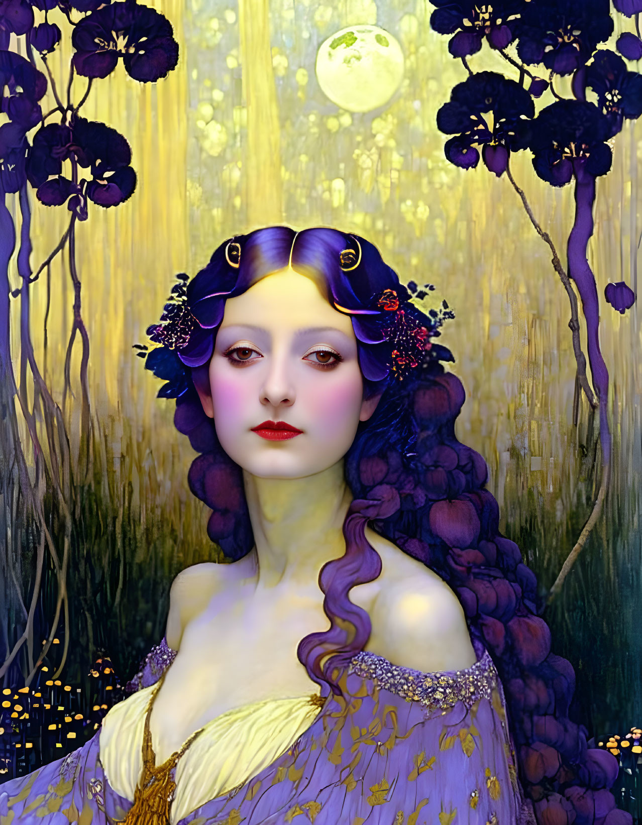 Portrait: Woman with Purple Hair & Yellow Dress on Dark Blue Flower Background