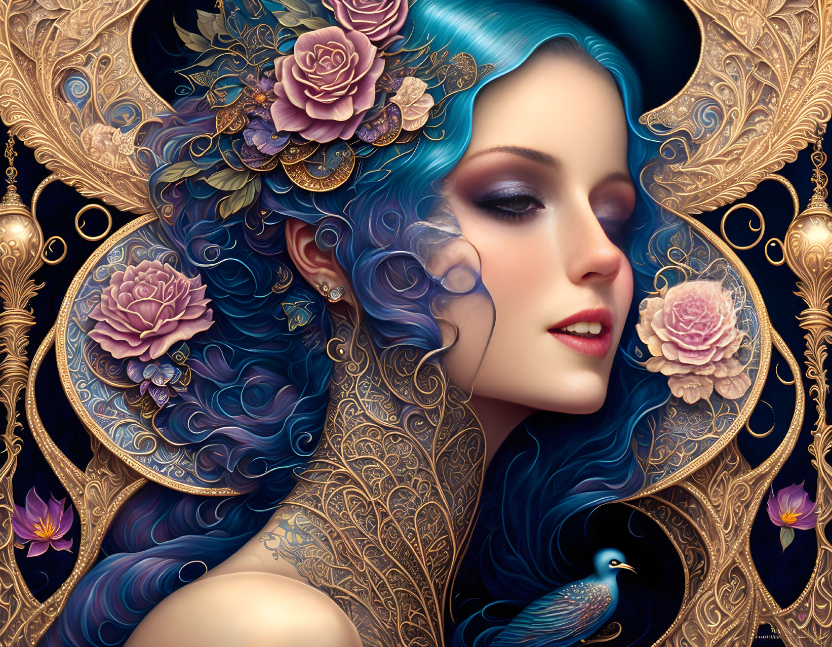 Detailed artwork: Woman with blue curly hair, golden ornaments, pink roses, small bird, intricate patterns