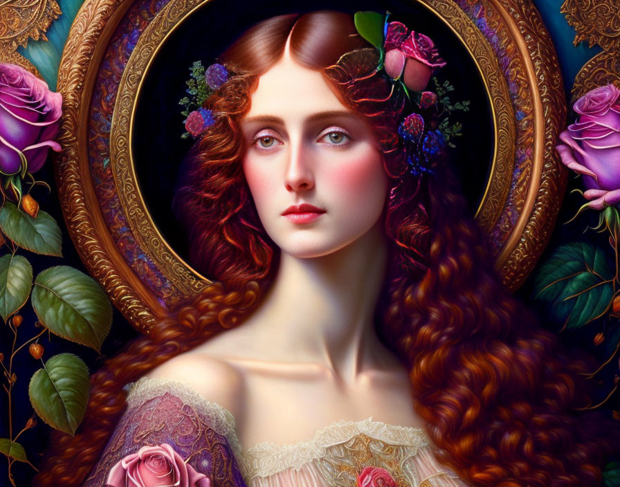 Red-haired woman with flower adornments in golden circular frame