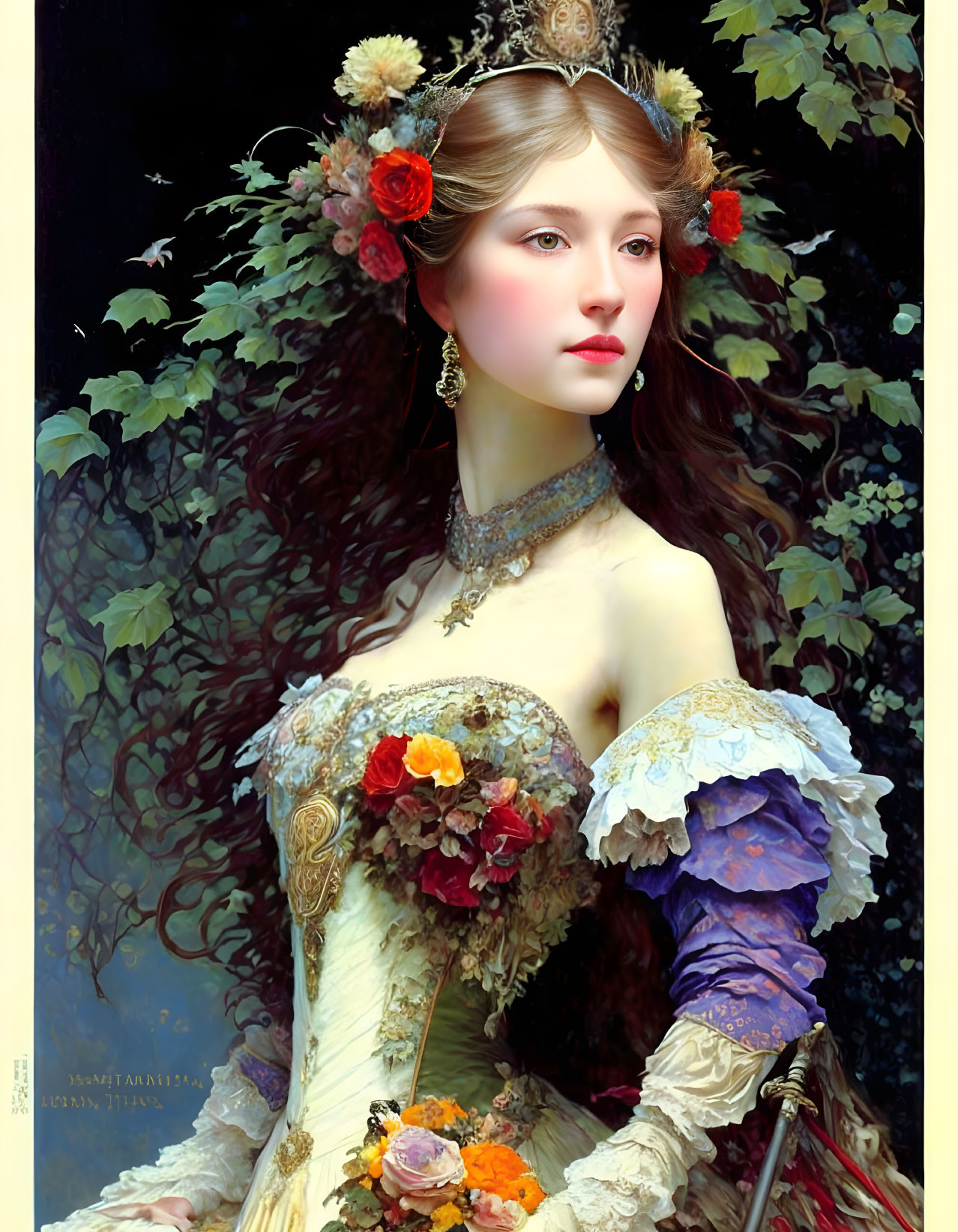 Fantasy style illustration of woman in floral headdress.