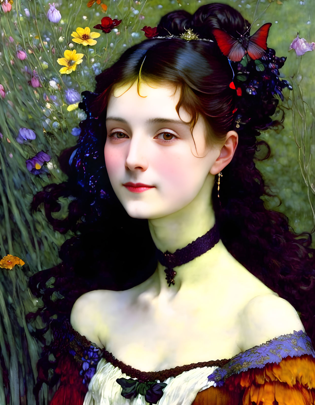 Young woman portrait with dark hair, flowers, butterfly, colorful dress, and floral backdrop