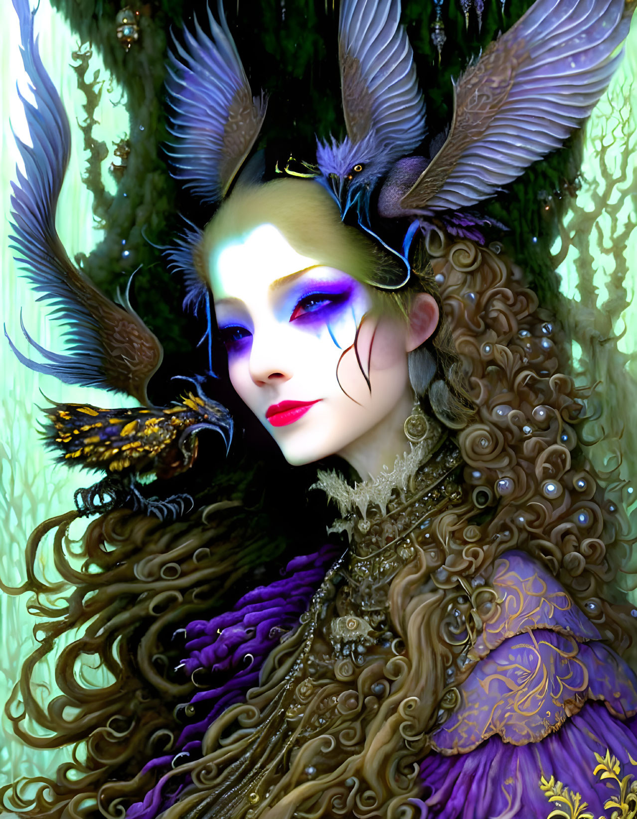 Fantasy makeup woman with birds in nature setting