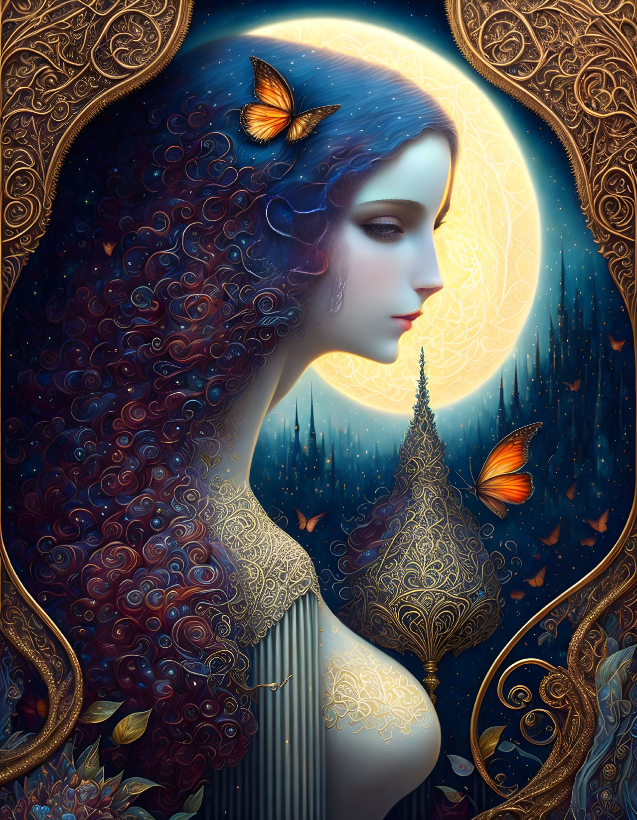 Surreal blue-haired woman in moonlit forest with butterflies