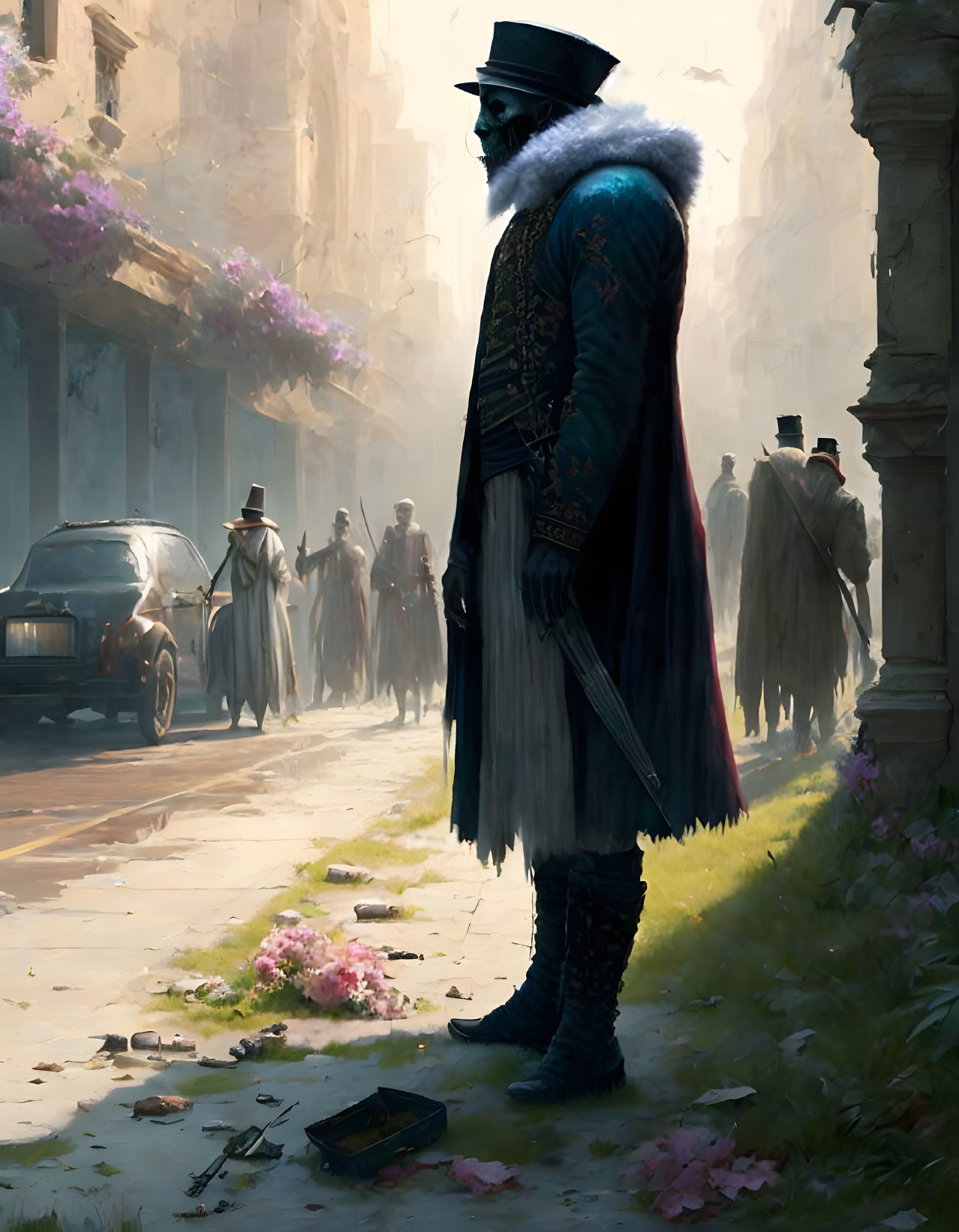 Plague Doctor Character in Historical Street with Modern Elements