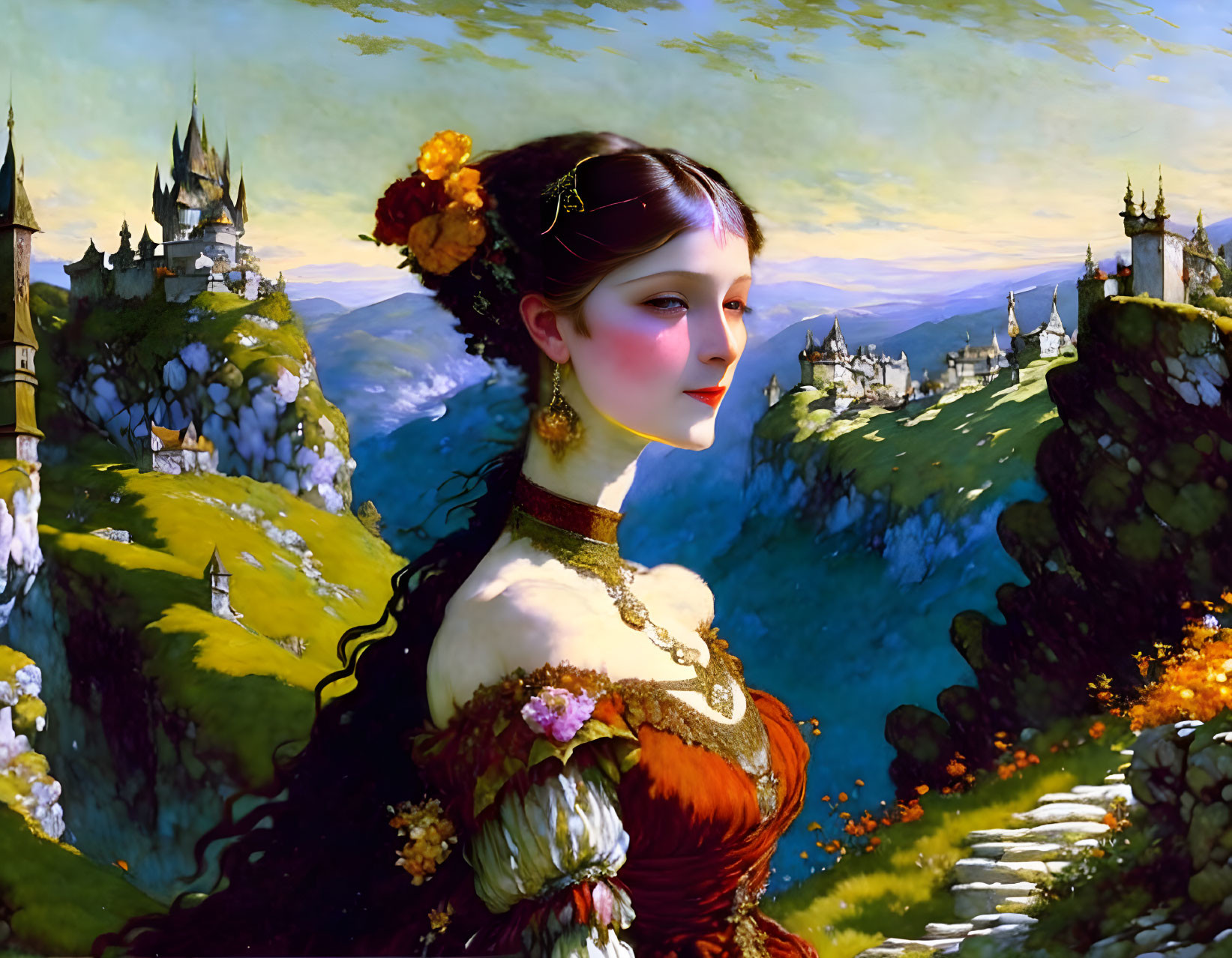 Medieval woman portrait with dark hair in scenic castle backdrop