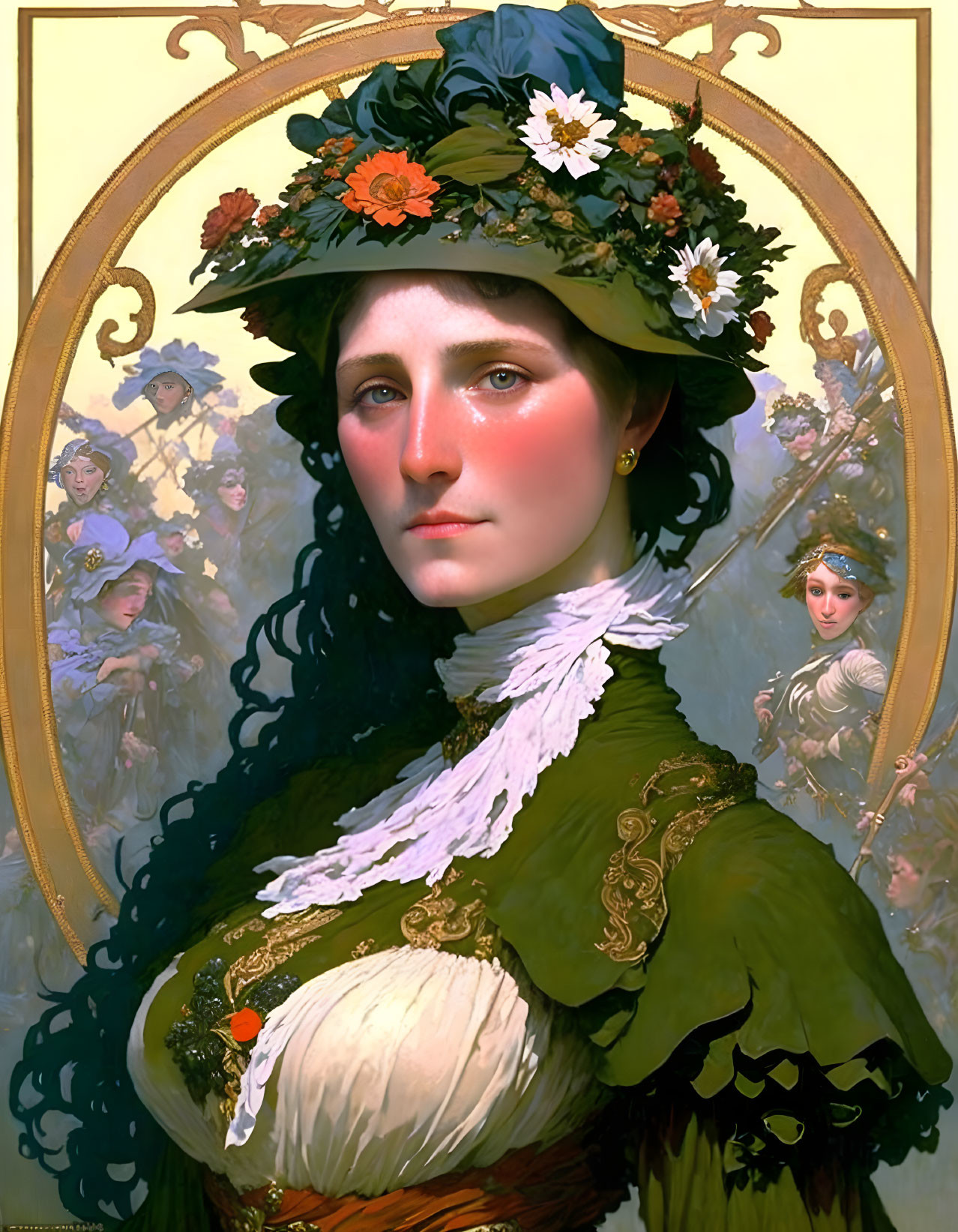 Vintage Woman Portrait in Ornate Hat with Golden Oval Frame