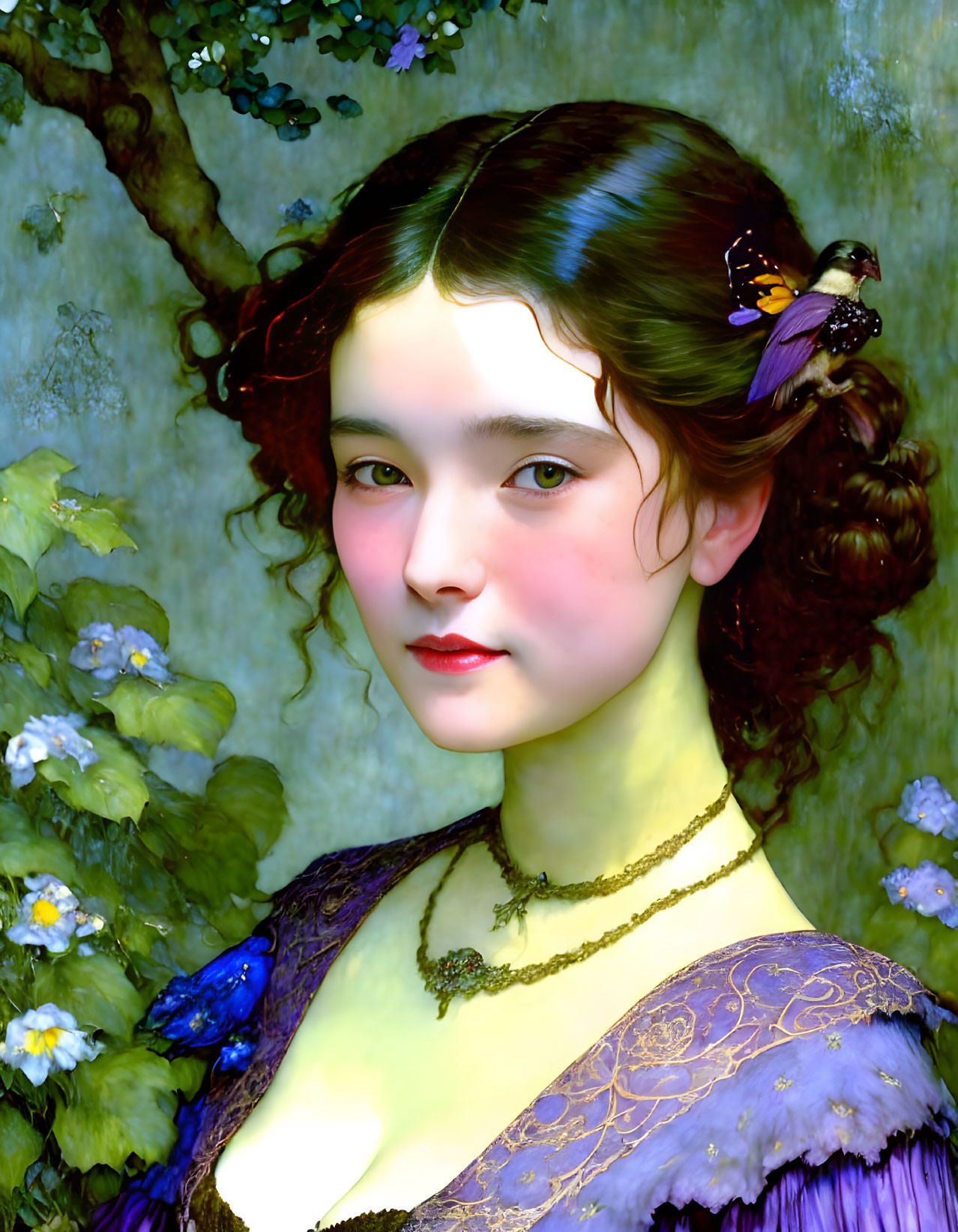 Young woman with curly brown hair, butterfly, purple dress, blue flowers.