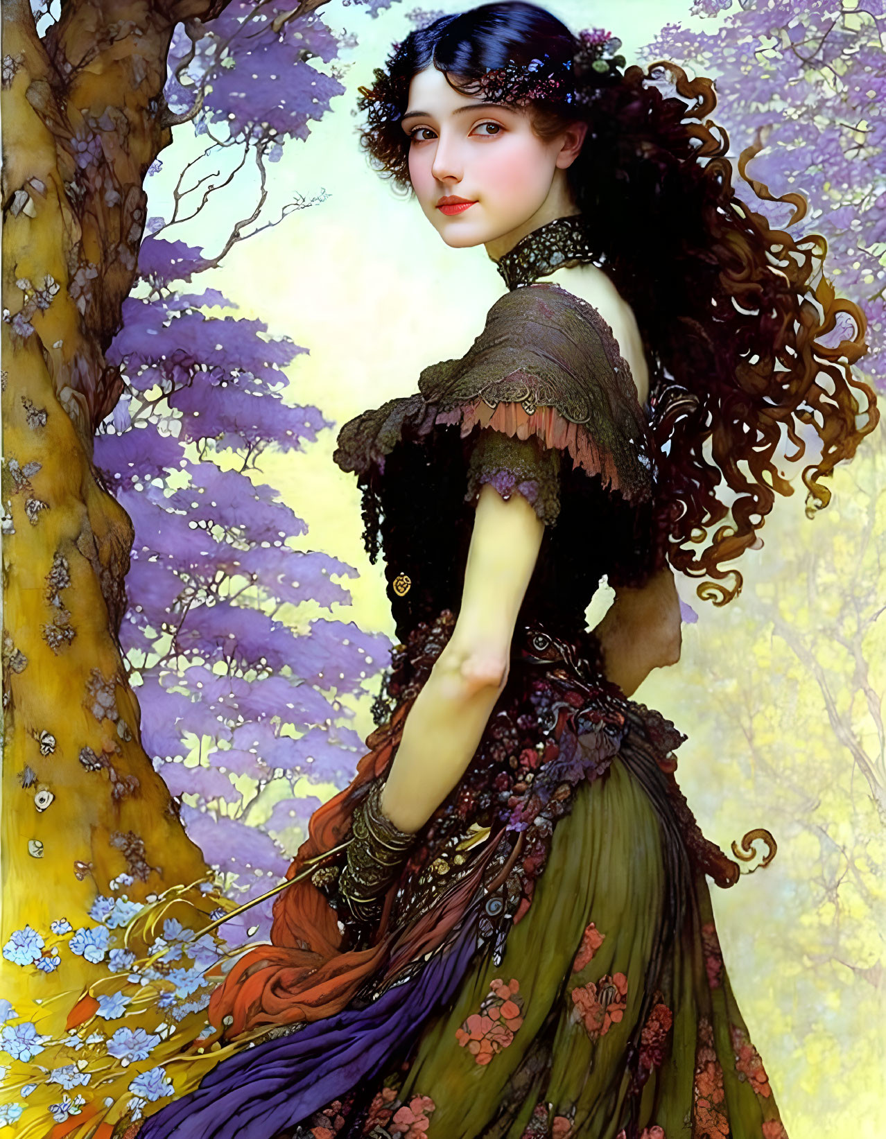 Portrait of woman with curly hair in ruffled dress, surrounded by purple flowering trees