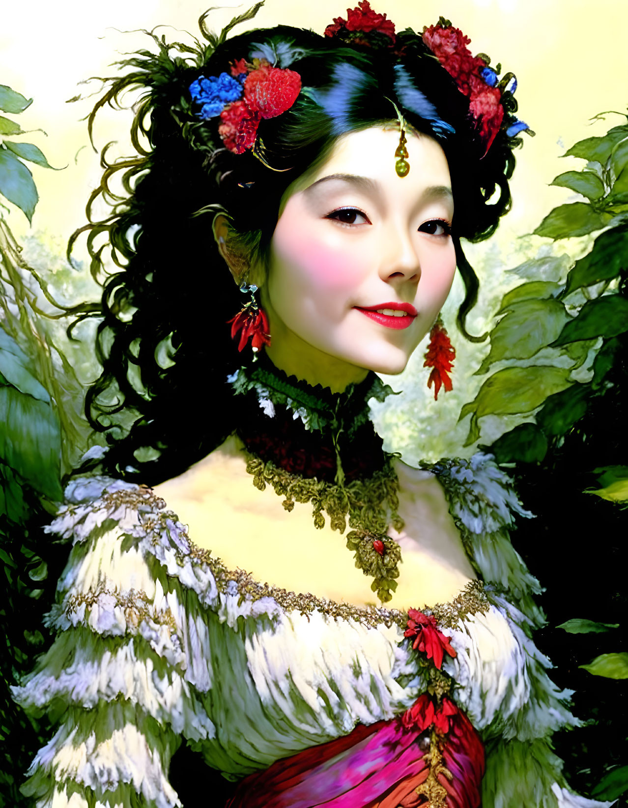 Traditional attire illustration of a woman with floral hair, ornate necklace, and colorful makeup.