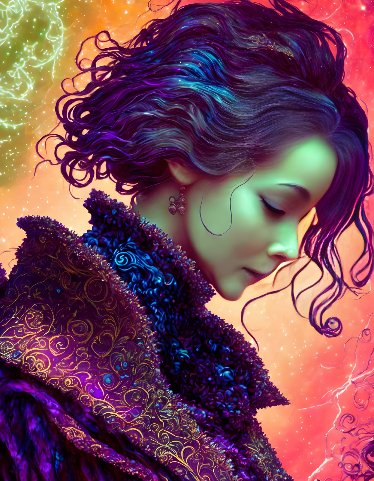 Colorful digital artwork: Woman with curly hair in ornate clothing against nebula background