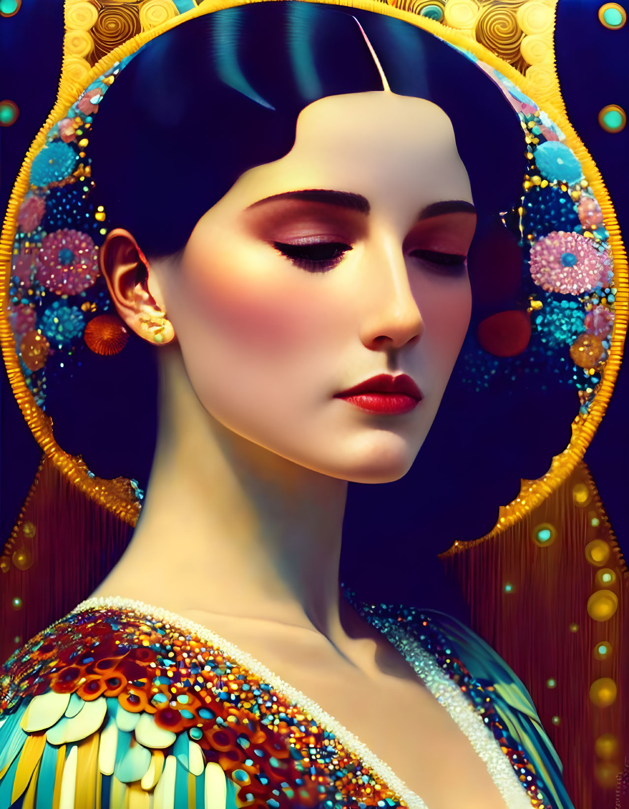 Vibrant digital artwork of a woman with golden halo & Art Nouveau style