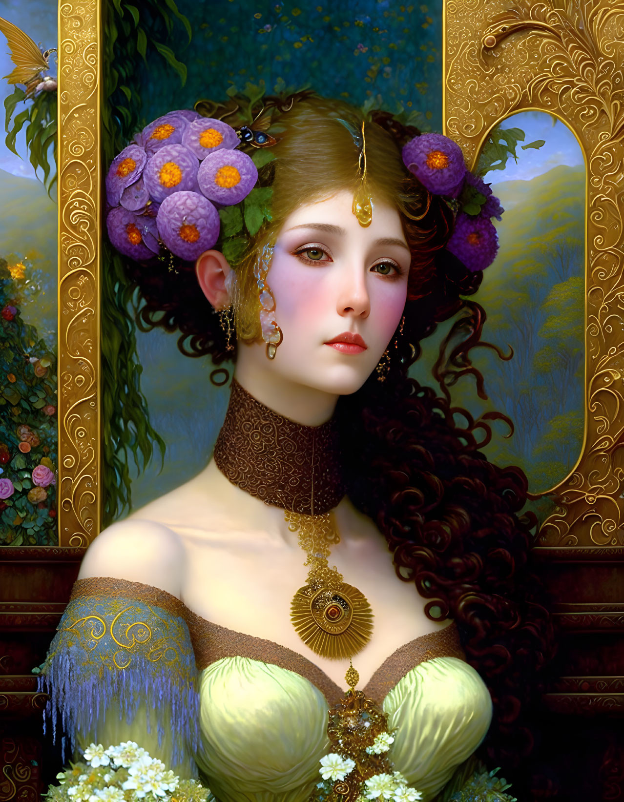 Art Nouveau Woman Painting with Ornate Costume and Fruit Headdress