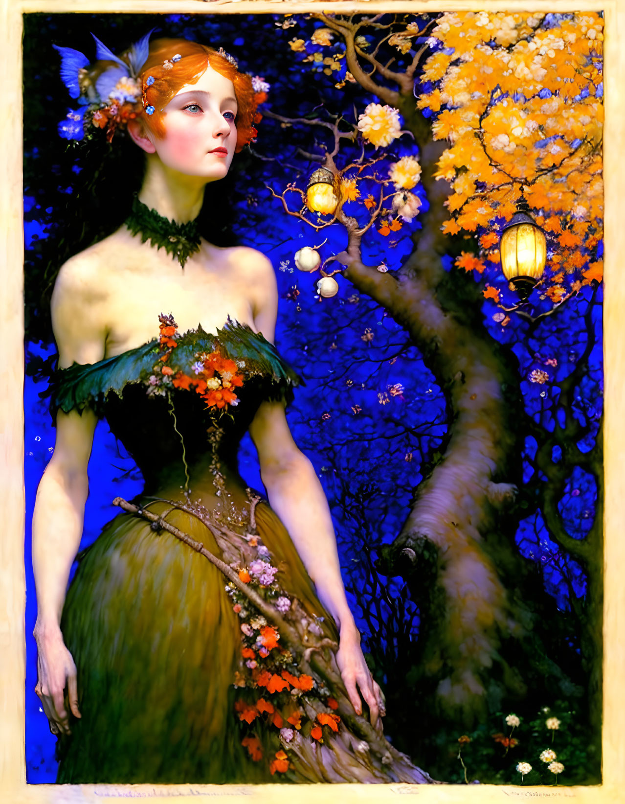 Illustration of woman with autumn leaves in hair near tree with lanterns