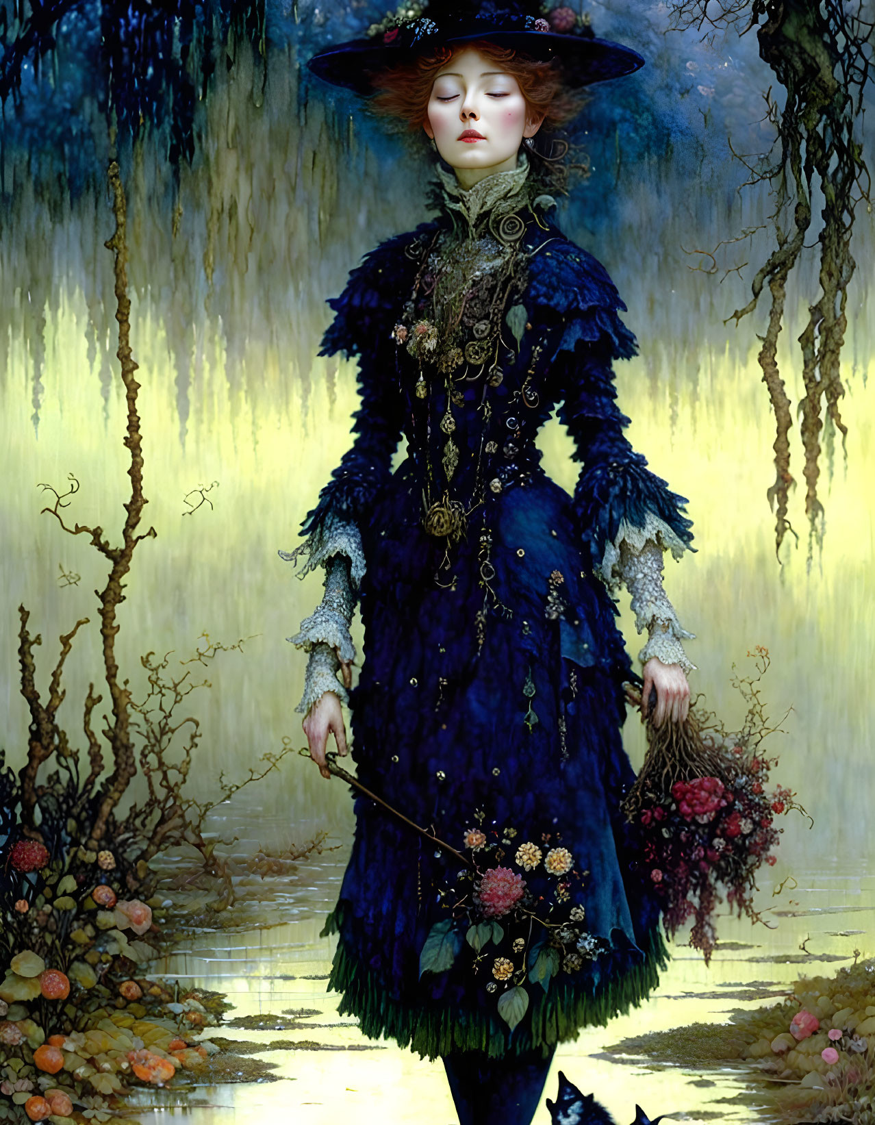 Victorian woman in blue dress in mystical forest with flowers