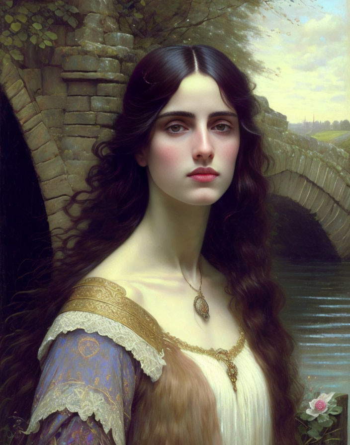 Portrait of woman with dark hair against stone bridge backdrop