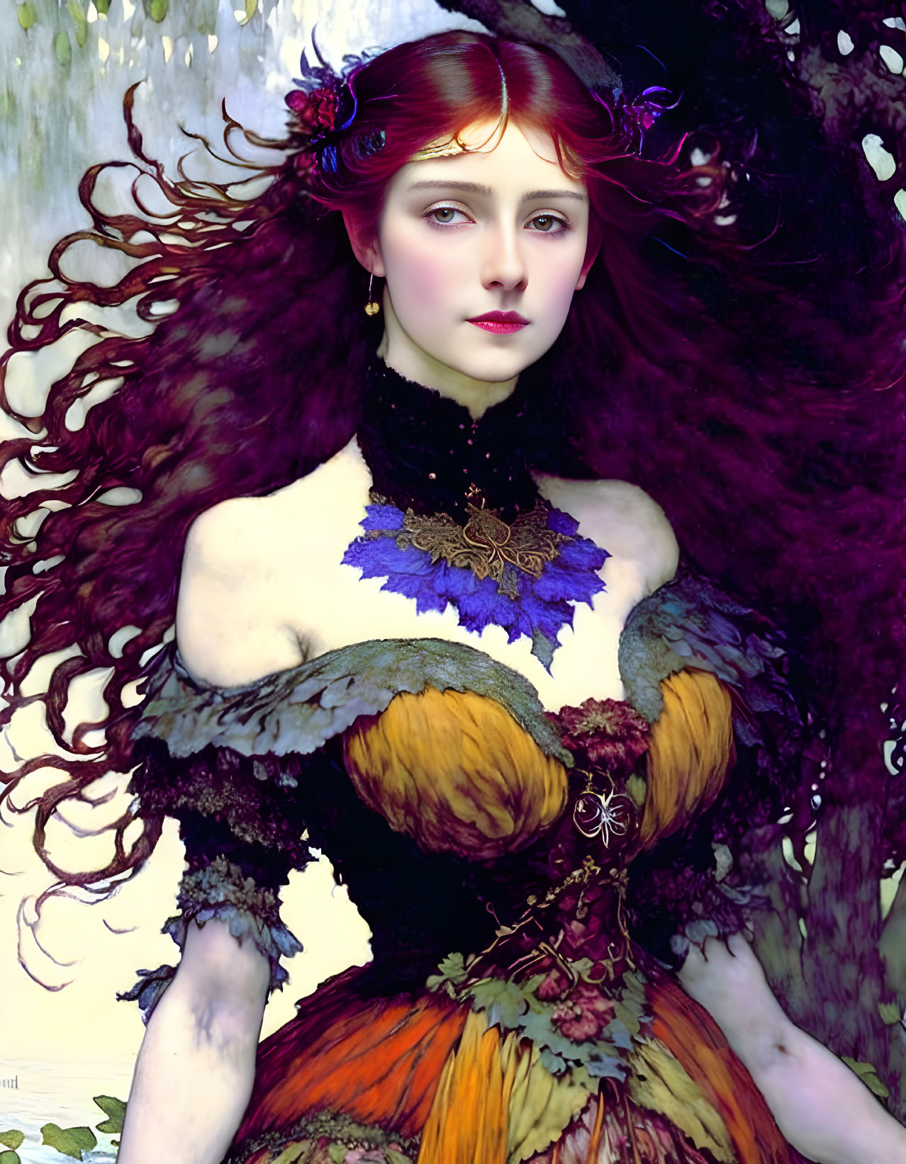 Digital artwork: Woman with red hair in purple and gold Victorian dress