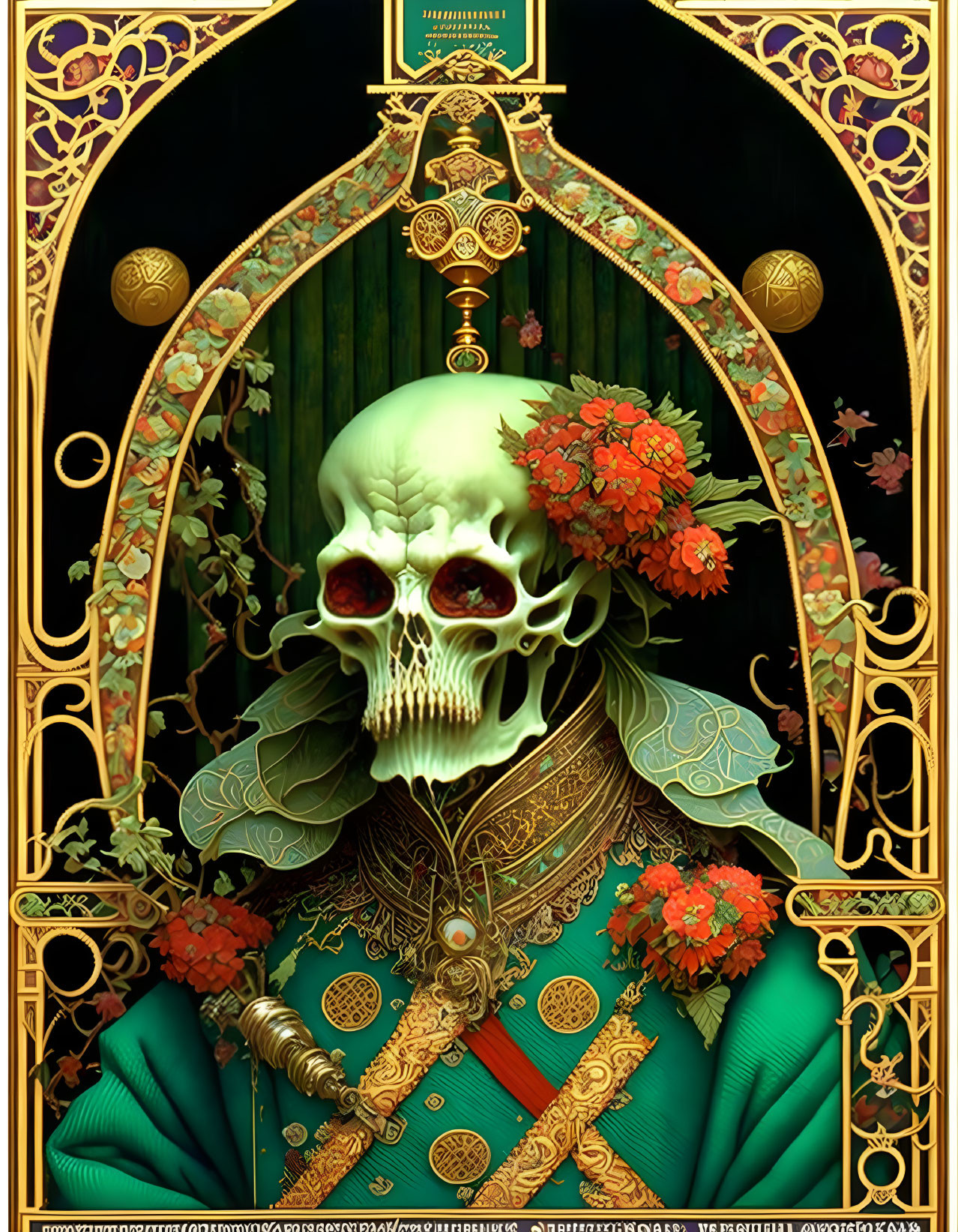 Gold-framed floral skull on vibrant green background - gothic design.