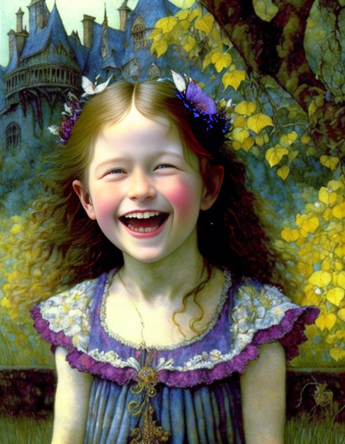 Rosy-cheeked girl in purple dress with flowers in hair against whimsical backdrop