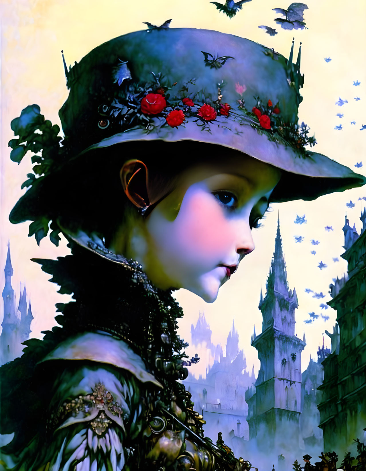 Fantasy Artwork: Girl with Elfin Features and Ornate Flower Hat in Castle Setting