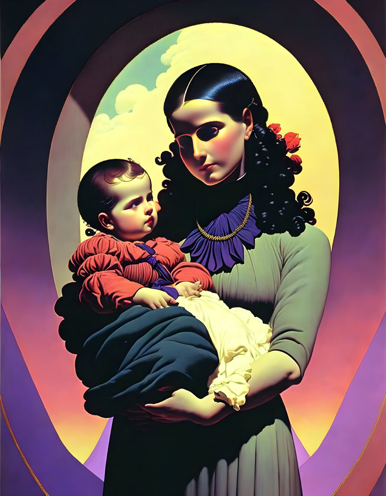 Stylized painting of woman with dark hair holding child against cloudy backdrop