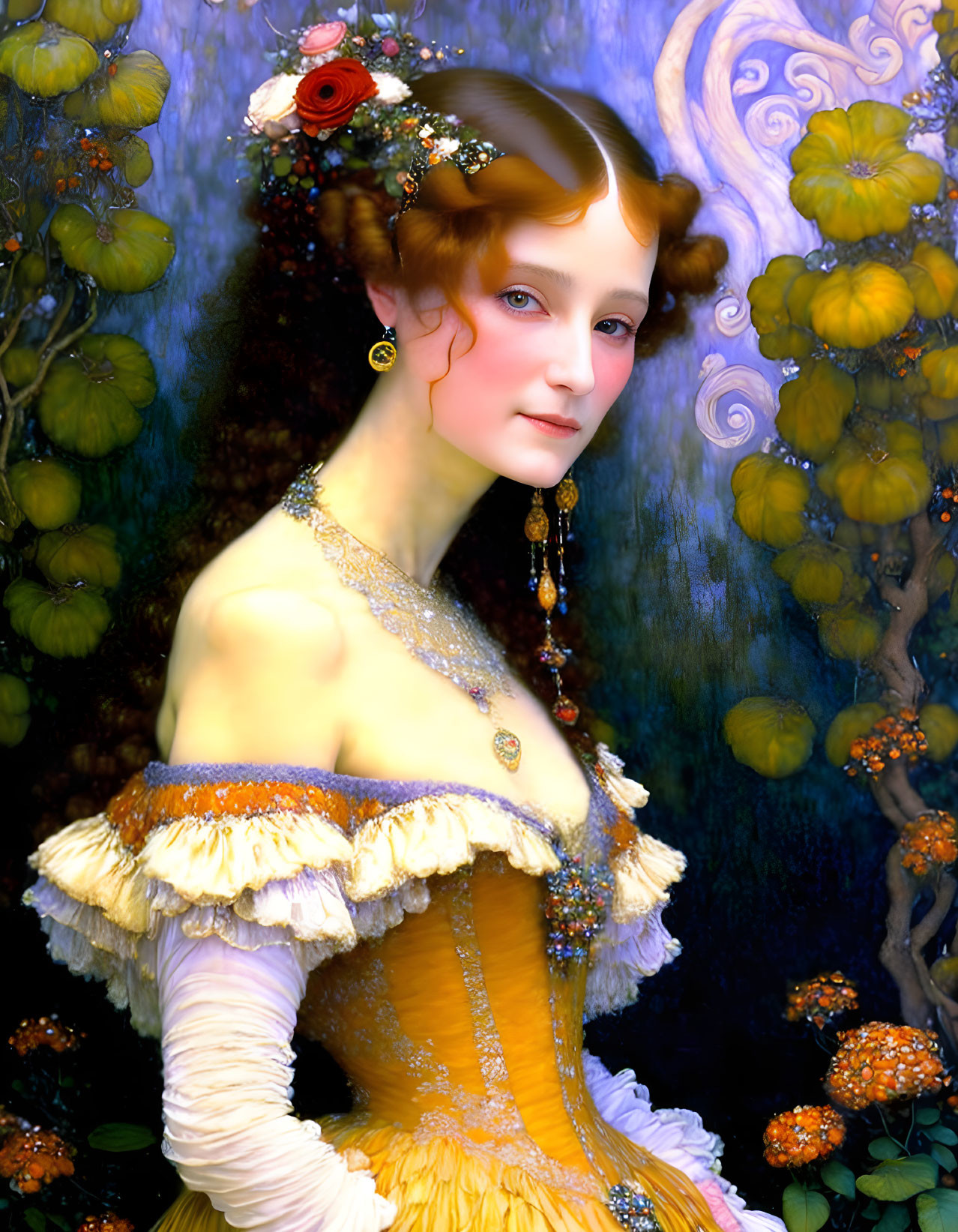 Woman in ornate yellow dress with jewels and floral headdress against nature backdrop