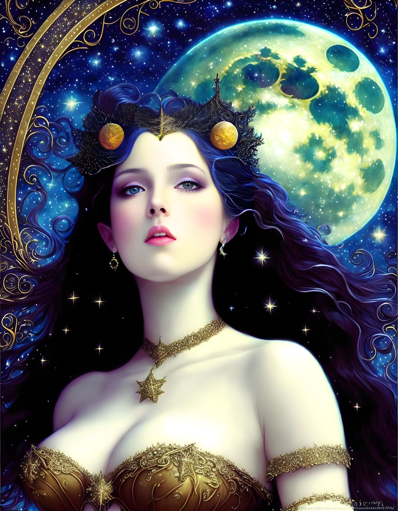 Woman illustration with cosmic motifs and celestial jewelry in starry sky backdrop