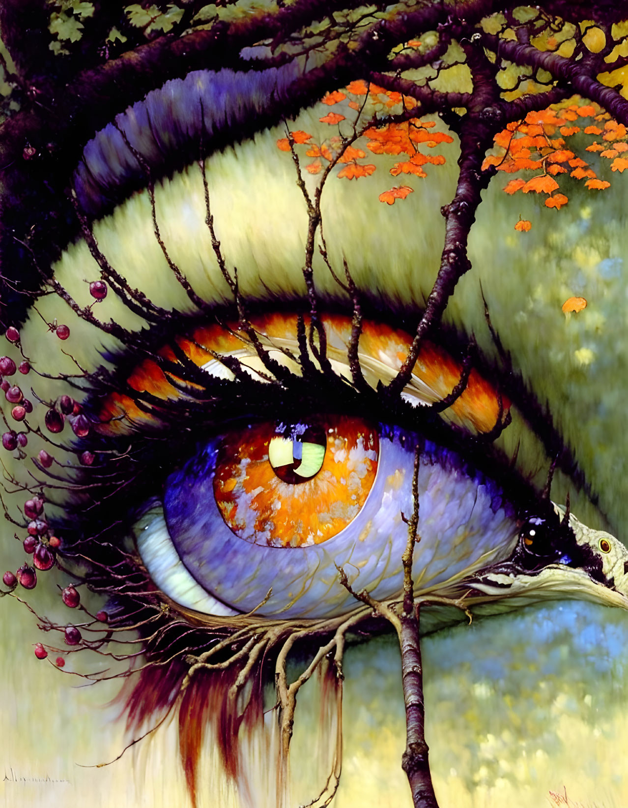 Surreal artwork: eye integrated with landscape elements