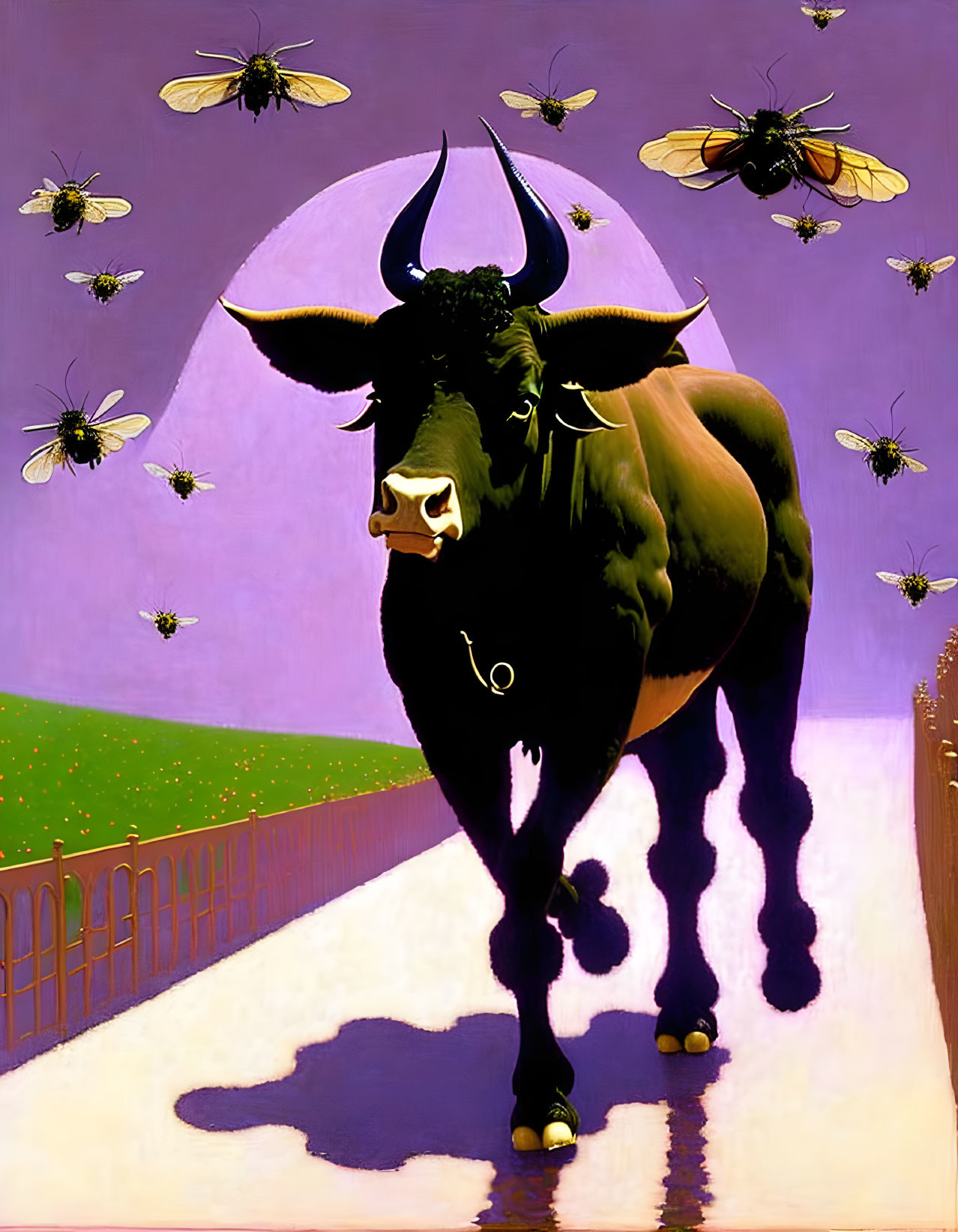 Surreal illustration: large bull with bee shadows on body, bees flying, vivid purple sky