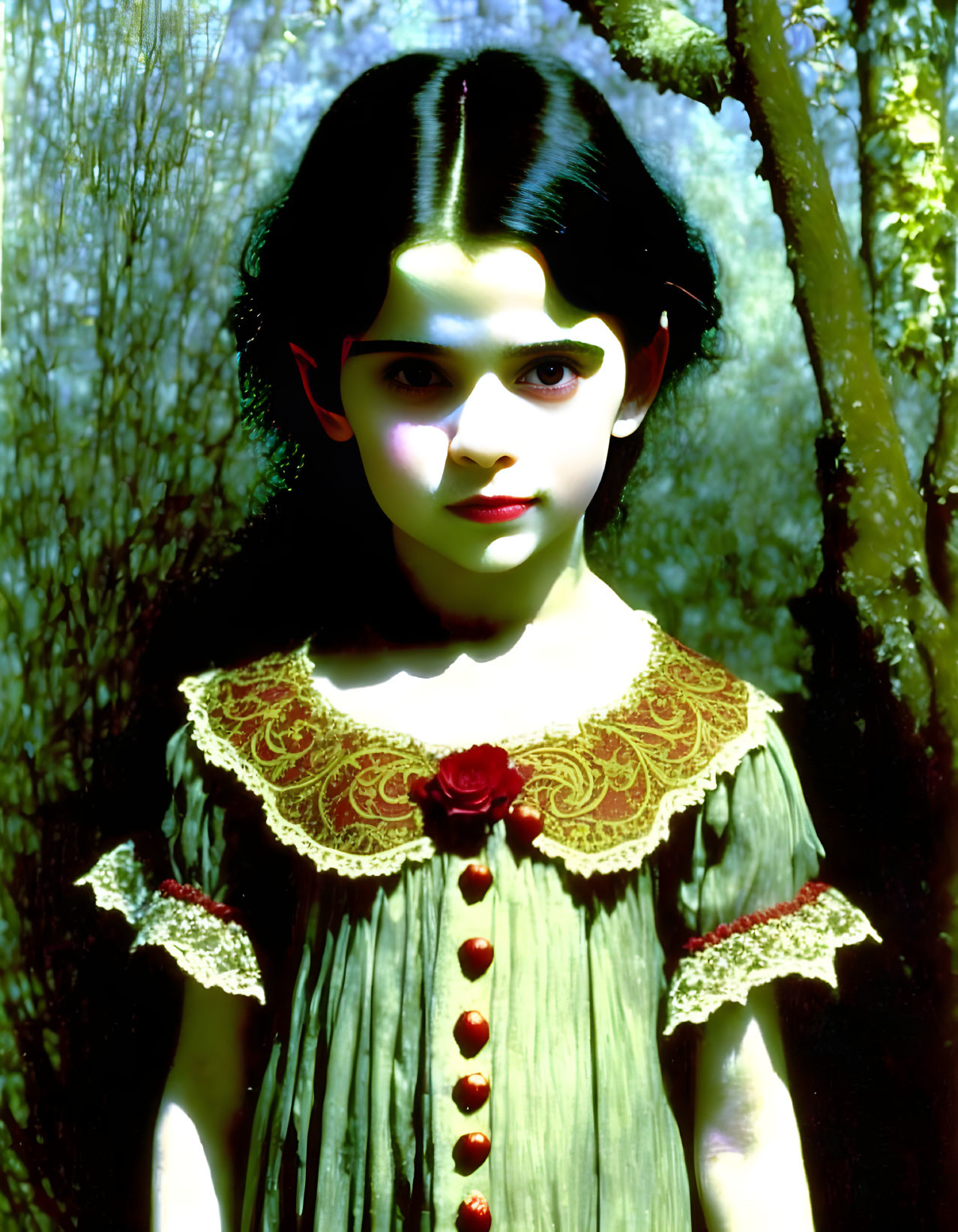 Young girl in vintage green dress with lace collar and red accents.