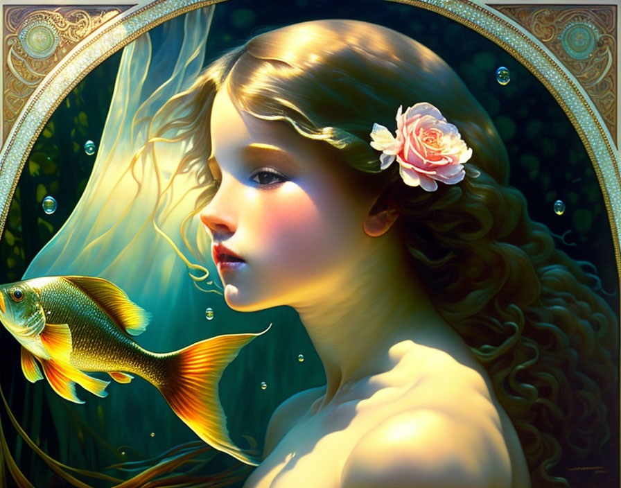 Stylized portrait of woman with flowing hair and pink rose, gazing at goldfish among bubbles