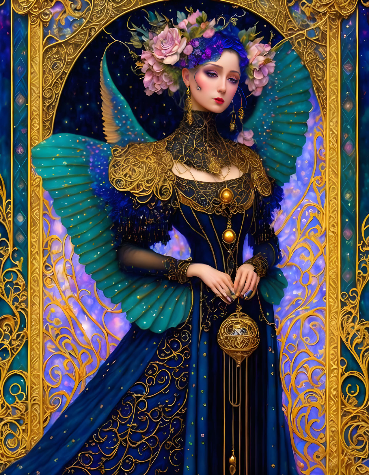 Fantasy figure with blue butterfly wings and floral crown in ornate gold attire